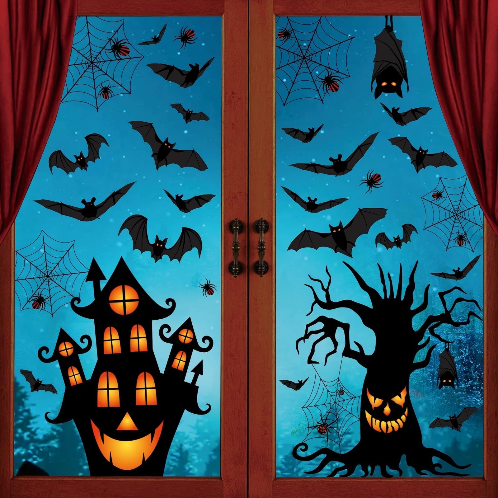 Halloween Window Stickers, Halloween Window Decorations, 63pcs Double Sided Reusable Bats Spiders Windows Clings for Haunted House, Party, Scary Scene, 4 Sheet