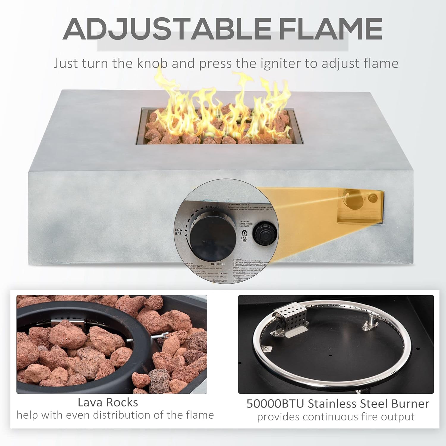 Outsunny Outdoor Propane Fire Pit Table Faux Grey Ledge Stone 42-inch Square Fire Table, 50,000BTU Auto Ignition Gas Firepits with Protective Cover, Lava Rocks, CSA Certification for Outdoor, Grey