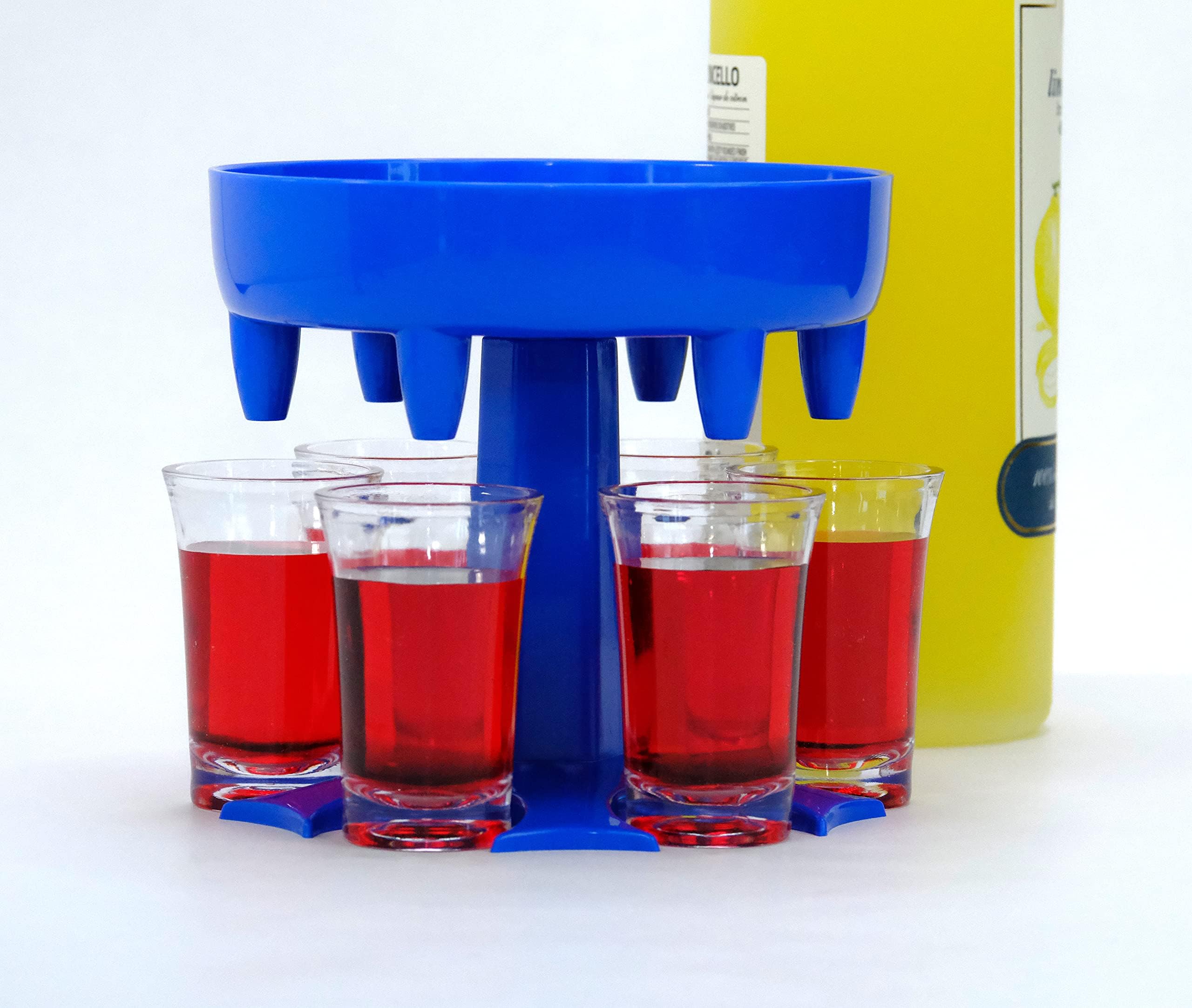 6 Shot Glass Dispenser (Blue) and Plastic Gl Set of 6 - Fun Dispenser For Filling Drinks and Cocktails - Fun & Cool Shot Gl Set – Be The Life Of The Party!