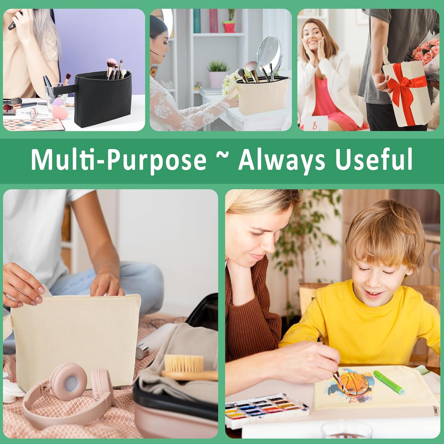 Plain Makeup Bags to Personalize, Zpecox Canvas Pouch Multi-purpose Cosmetic Bag with Zipper, DIY Craft Canvas Zipper Pouch Blank Bulk Travel Toiletry Bags for Organization (Beige, L, 12.2x7.4x 2.7'') - Image 7