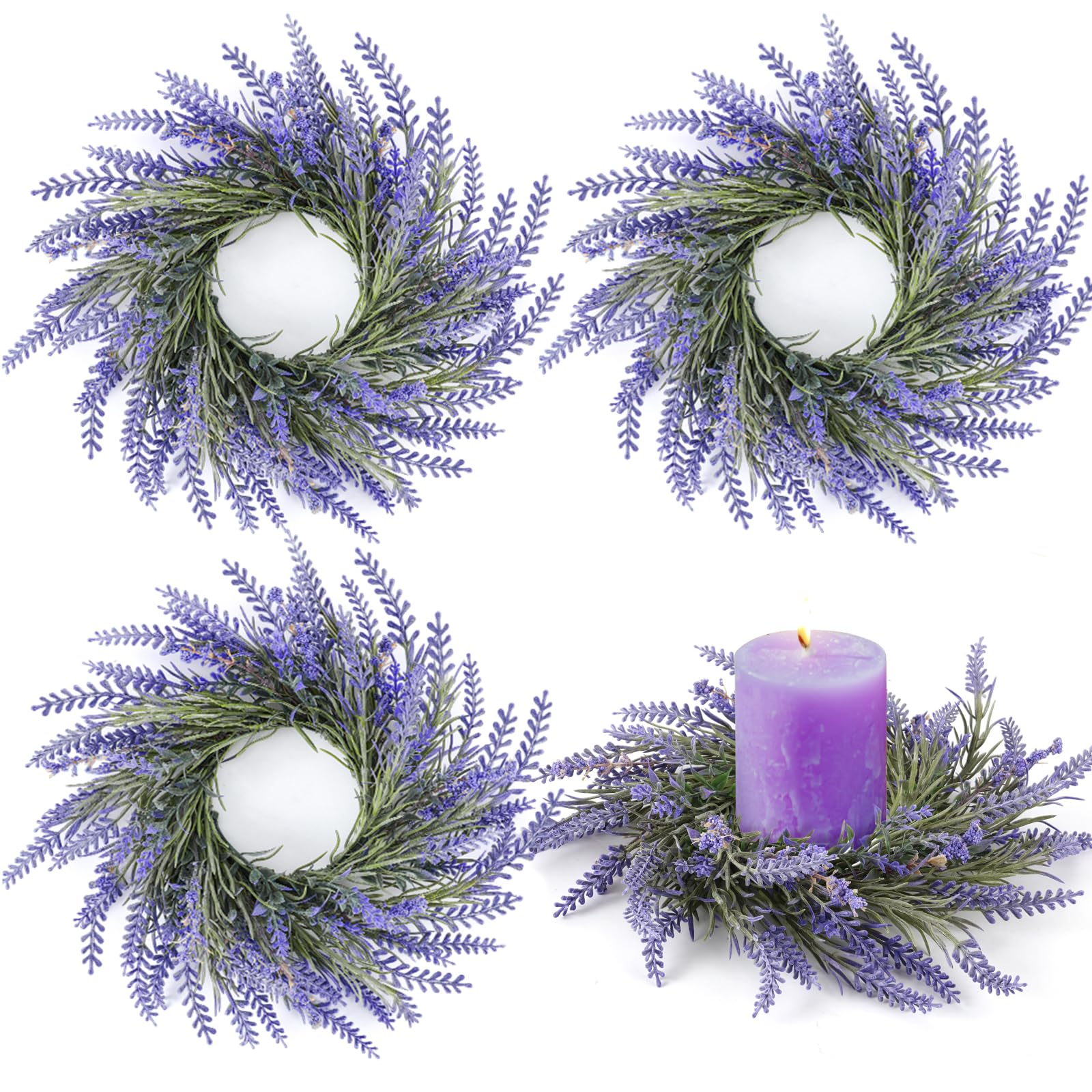 4 PCS Spring Wreath for Front Door Lavender Candle Ring Wreaths Mini Purple Table Centerpieces 9 Inch Floral Wreaths for Pillars Cabinets Farmhouse