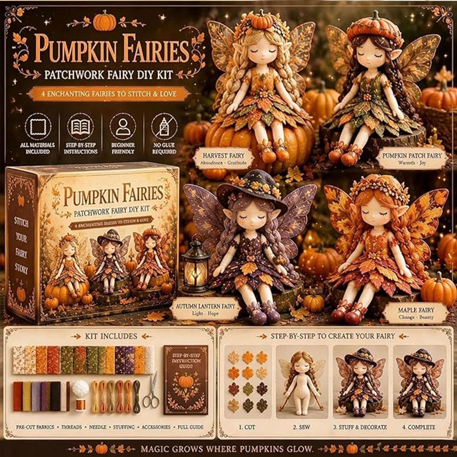 WEIWOGU Colección de bricolaje Fairy Patchwork, kit de costura de muñeca de hada de las flores hecho a mano, juego de suministros de artesanía para principiantes (#F)