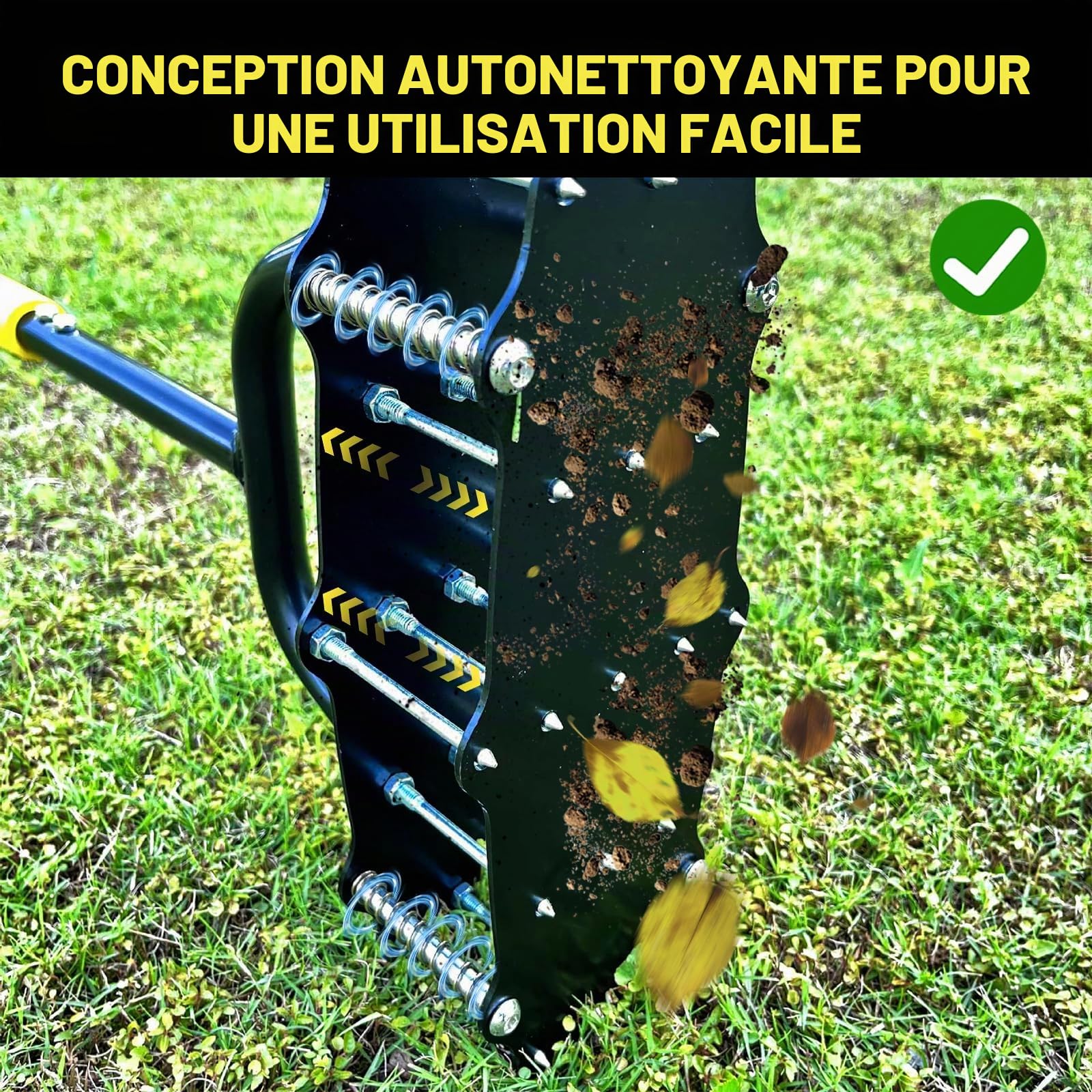 Outil manuel d'aération de gazon, outil d'aération de gazon à 17 pointes assistées par ressort avec nettoyage automatique de la terre et des feuilles, assouplisseur de sol avec gants et pédale