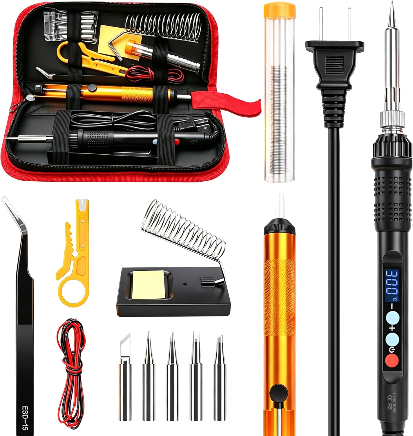 90W Soldering Iron Kit with LED Adjustable Temperature (180-500℃), 5 Tips, Solder Wire, Desoldering Pump, Wire Stripper Cutter, Stand, Tweezers – Welding Tool Set for Electronics, Repair, DIY
