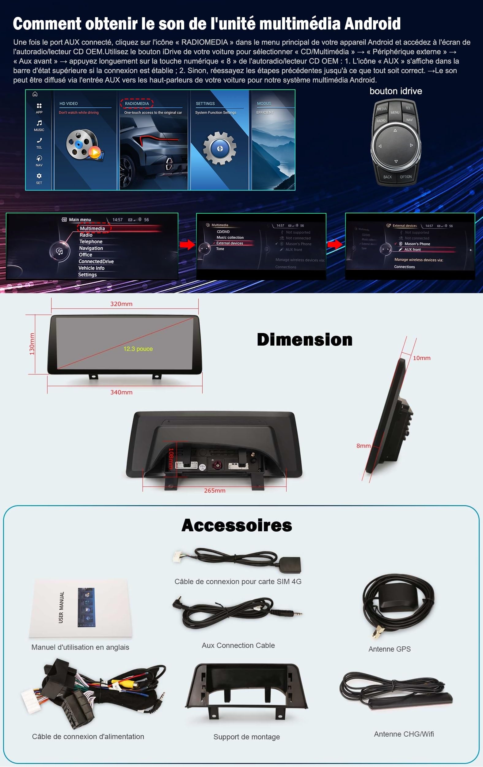 12,3 Pouces 8GO+128GO Qualcomm 8 Core Android 14 Autoradio Stéréo pour BMW série 1 F20 F21 série 2 F22 F23 Support GPS Navigateur Carplay IPS WiFi Écran Tactile DSP Android Auto Bluetooth 5.1 Idrive