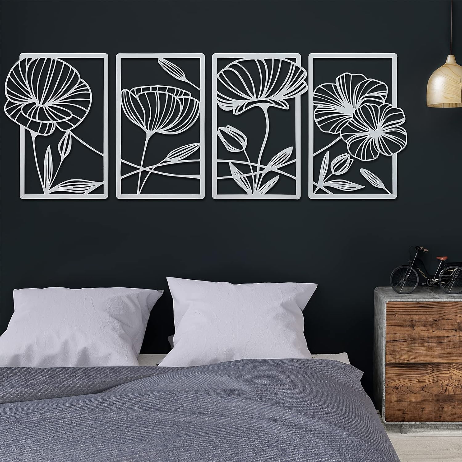 Cunno 4 Pcs Metal Wall Art 16.5 x 11.8'' Line Art Wall Decor Floral Minimalist Decor Hanging Flower Aesthetic Modern for Living Room Bedroom Bathroom Kitchen Decoration(White)