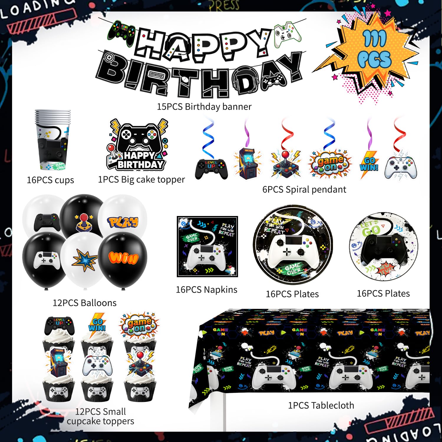 Forniture per Feste per Videogiochi,111 Pezzi Videogiochi Set di Decorazioni Stoviglie Piatti Compleanno Tovaglioli Tovaglia Palloncini Banner etc Decorazione Festa a Tema di Videogiochi
