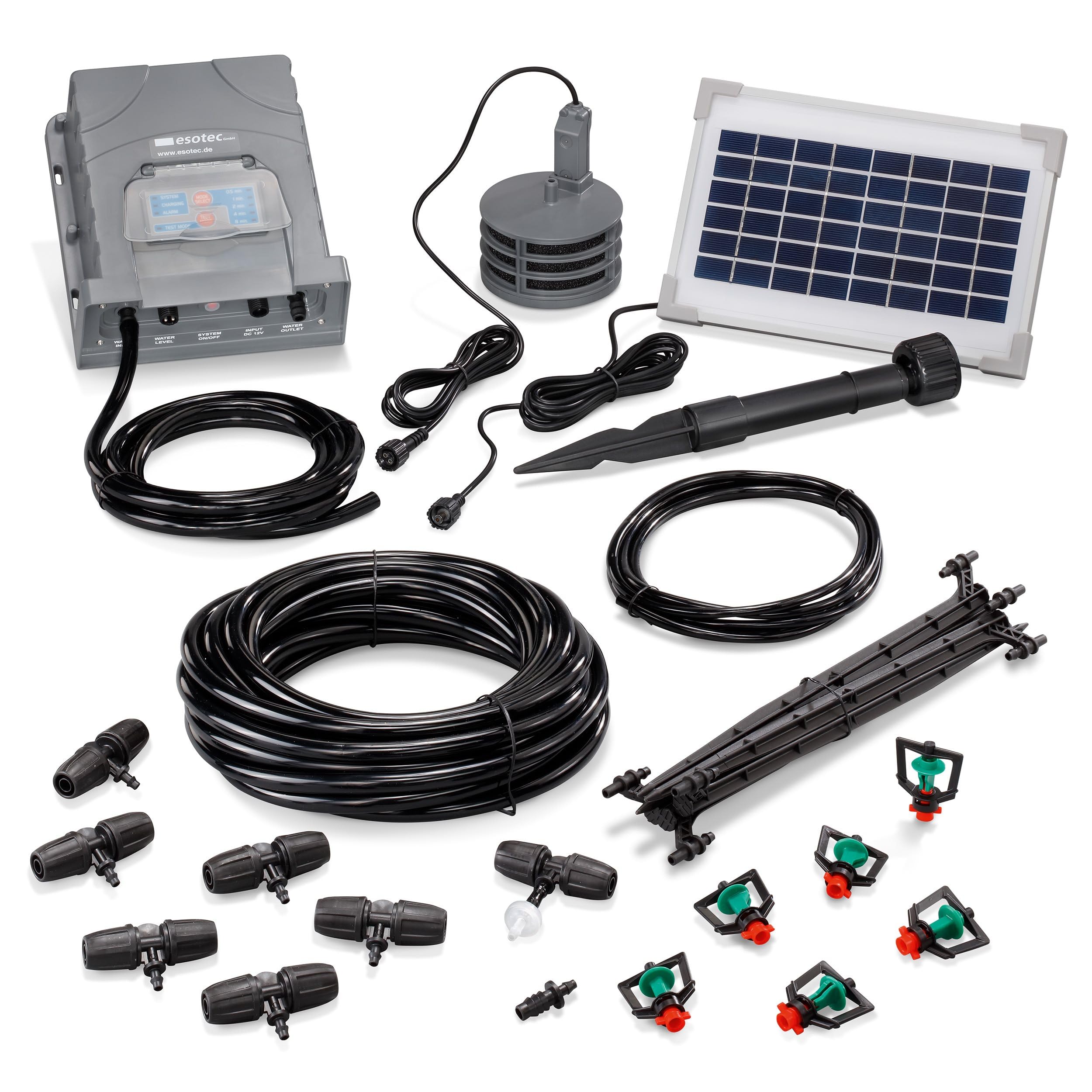 Esotec Solar Bewässerungssystem WaterSprinkle Professional, Sprinklersystem, 6 Sprinkler, Sprinkleranlage, Gartensprinkler, automatische Pflanzenbewässerung, Hochbeet, Gewächshaus, Garten, 101121