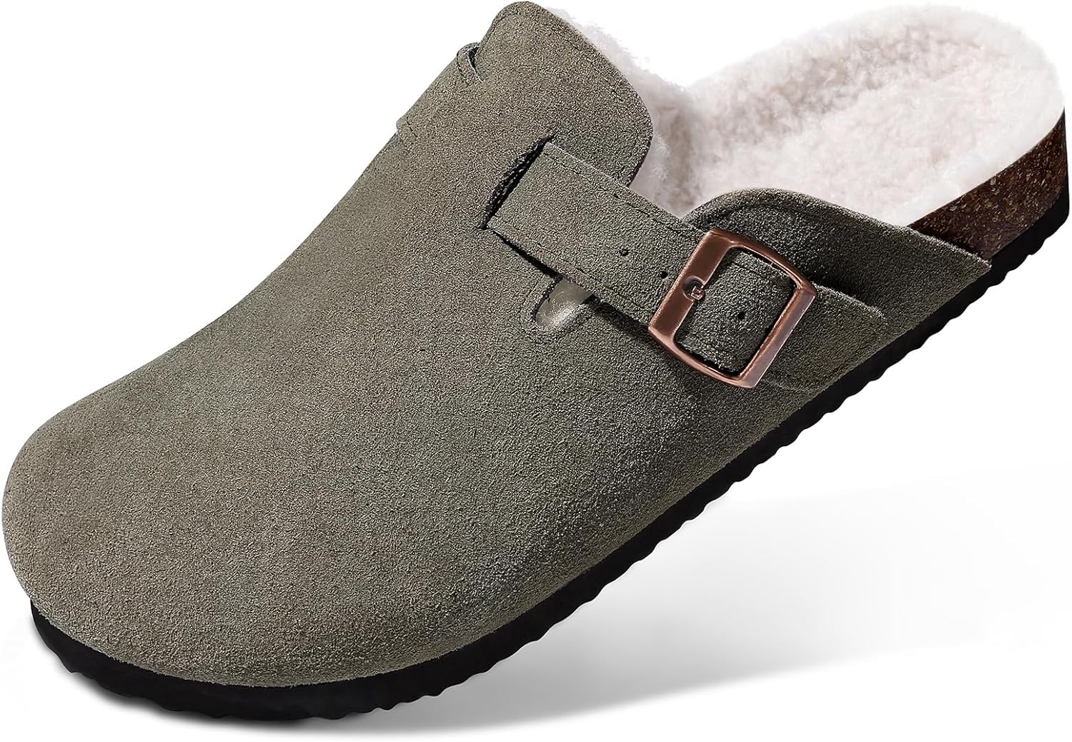 KIDMI Women's Fur Lined Suede Clogs Fuzzy Cork Footbed Mules Slip On Winter Potato Shoes