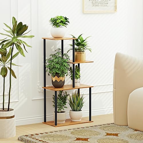 Miniatura 2 de Soporte para plantas de interior, estante para plantas de 4 niveles, soporte múltiple de metal para macetas de madera para sala de estar, oficina,