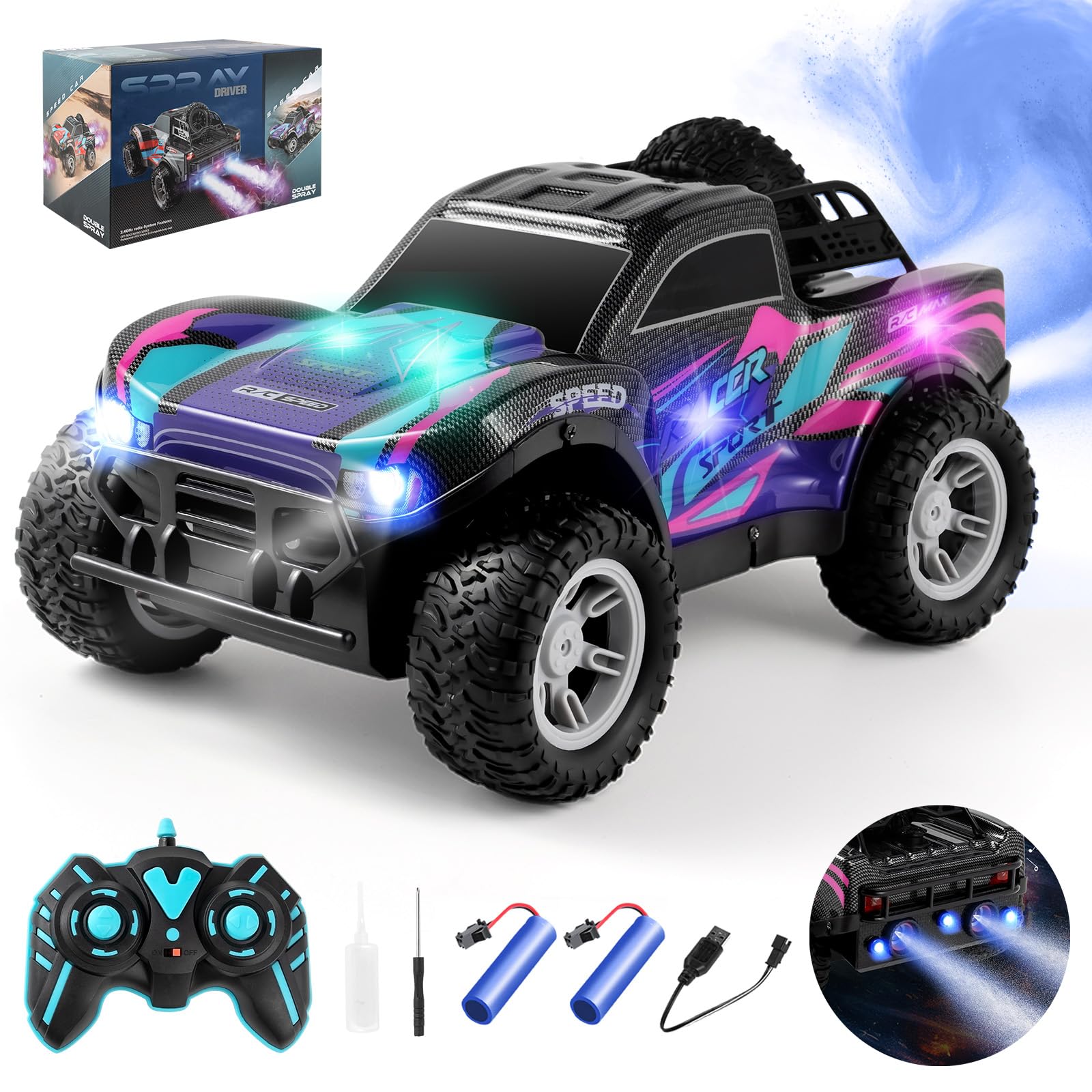 Coche Teledirigido para Niños, 2.4Ghz Coche RC con Spray, Luces y Efectos de Sonido, Camiones Teledirigidos con 2 Baterías Recargables Resistencia 60 Minutos, Juguete Regalo para Niños Niñas 6-12 Años