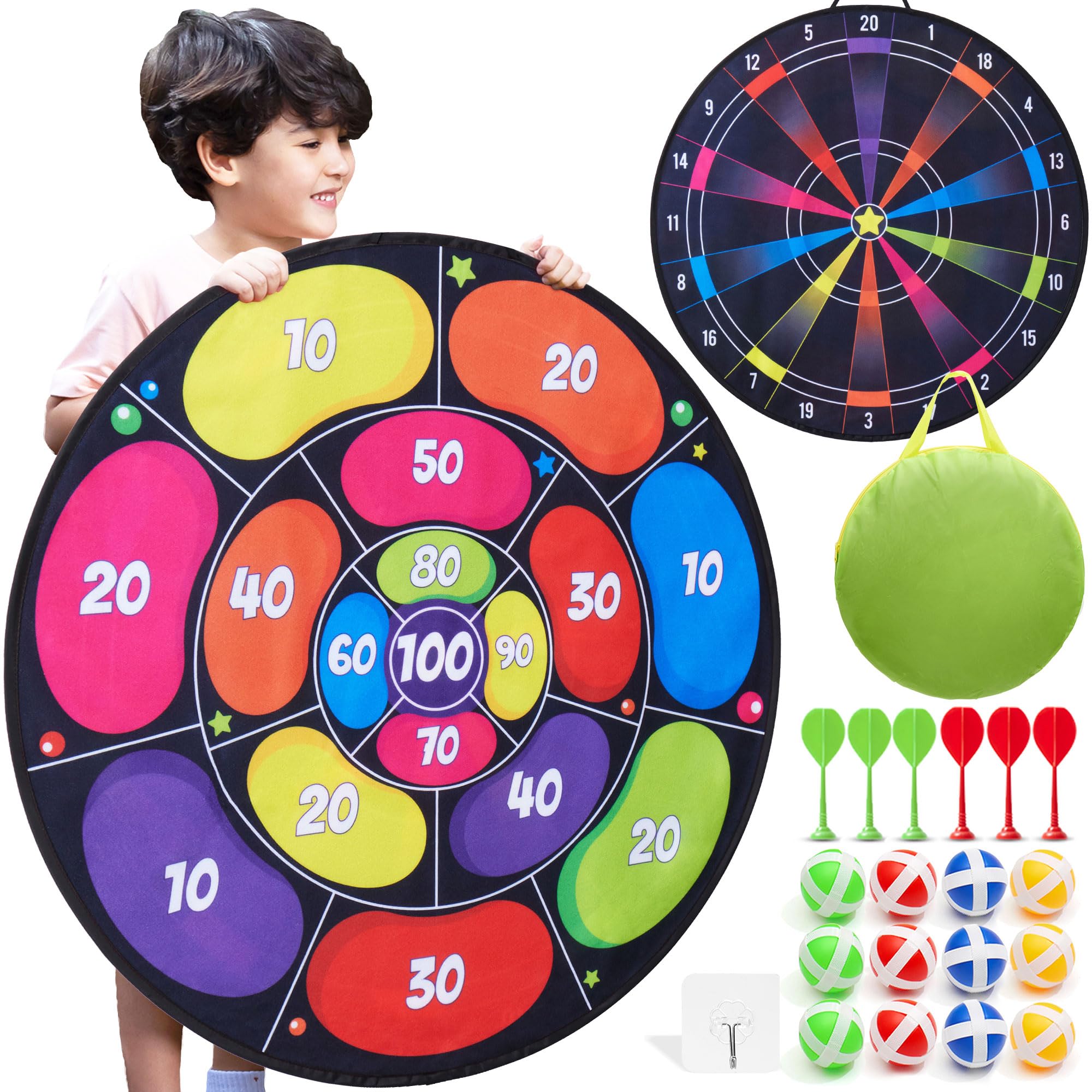 Cheerful Children Toys Jumbo Kids Dart Board Set XL or XXL, Large Velcro Dart Board with Reversible Designs, 16 Sticky Balls & 6 Darts - Indoor & Outdoor Garden Games for Ages 3-8 (Neon, 100cm)