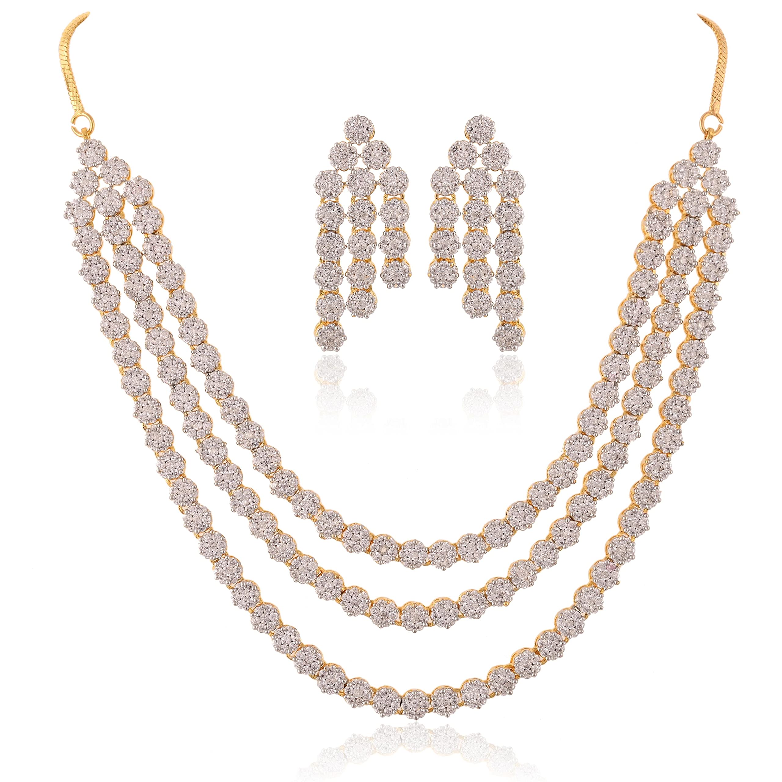 Ratnavali Jewels American Diamond RV4162 - Set di collana tradizionale a tre strati con orecchini, placcata in oro rosa, per donne/ragazze
