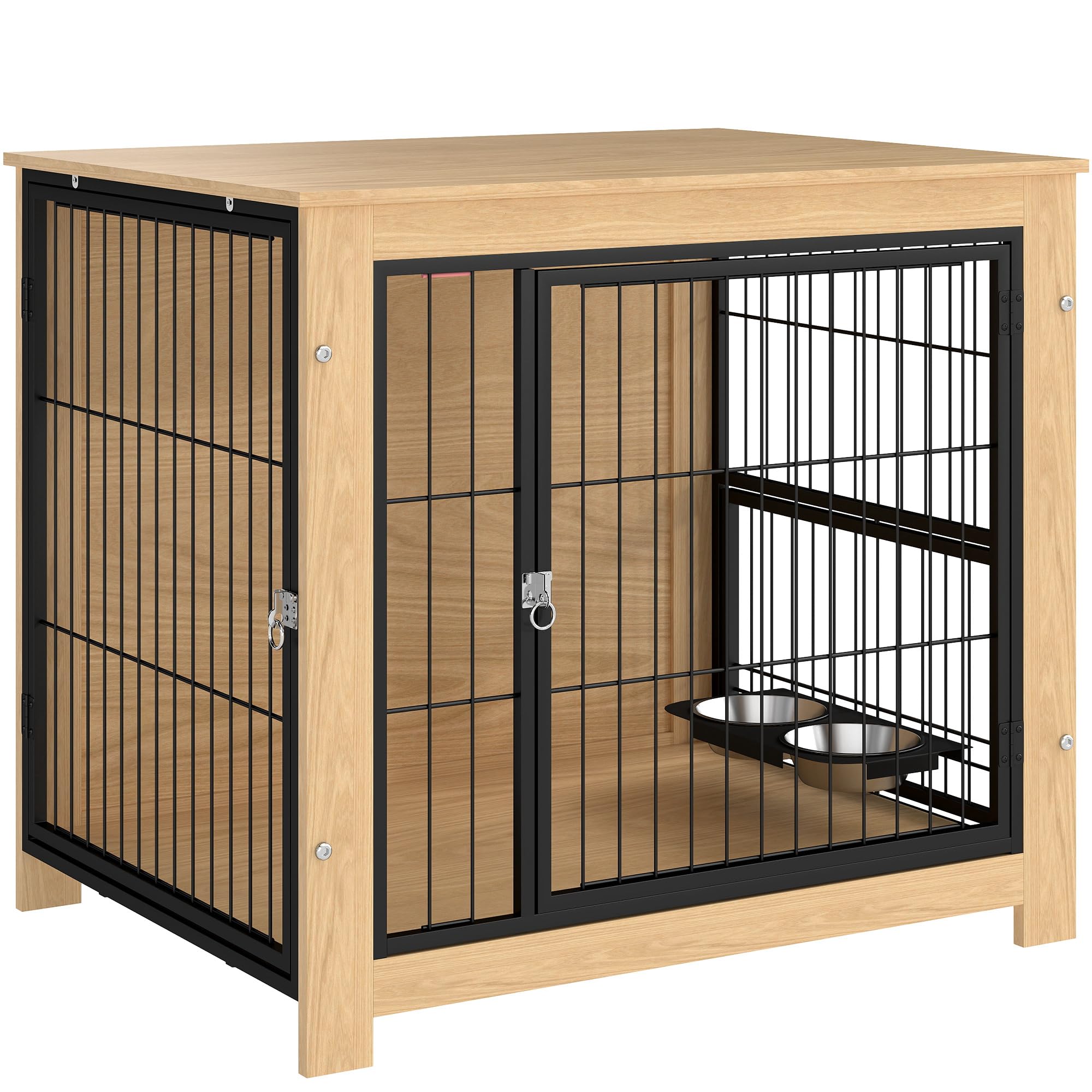 PawHut Modern Dog Cage Side Table Pet House with 2 Doors, Swivel Stand with 2 Bowls, Steel Frame for Medium Dogs 80 x 60 x 68 cm Oak