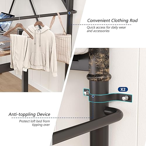 Miniatura 8 de Cama tipo loft tamaño twin con luces LED y estación de carga, marco de cama loft de metal industrial resistente con escalera y barandilla para niños