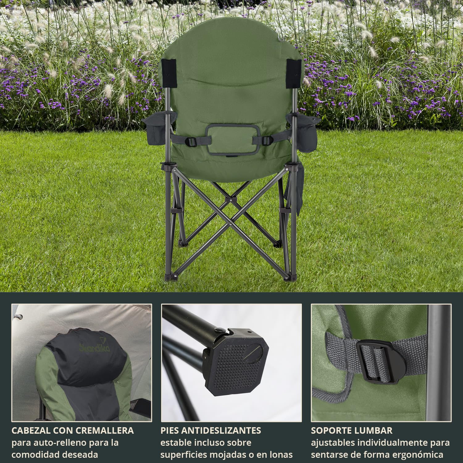 skandika Relax Comfort Silla de Camping - cómoda, Plegable y con portabebidas - máx. Peso Usuario de 150 kg - Bolsa de Transporte (Verde/Gris)