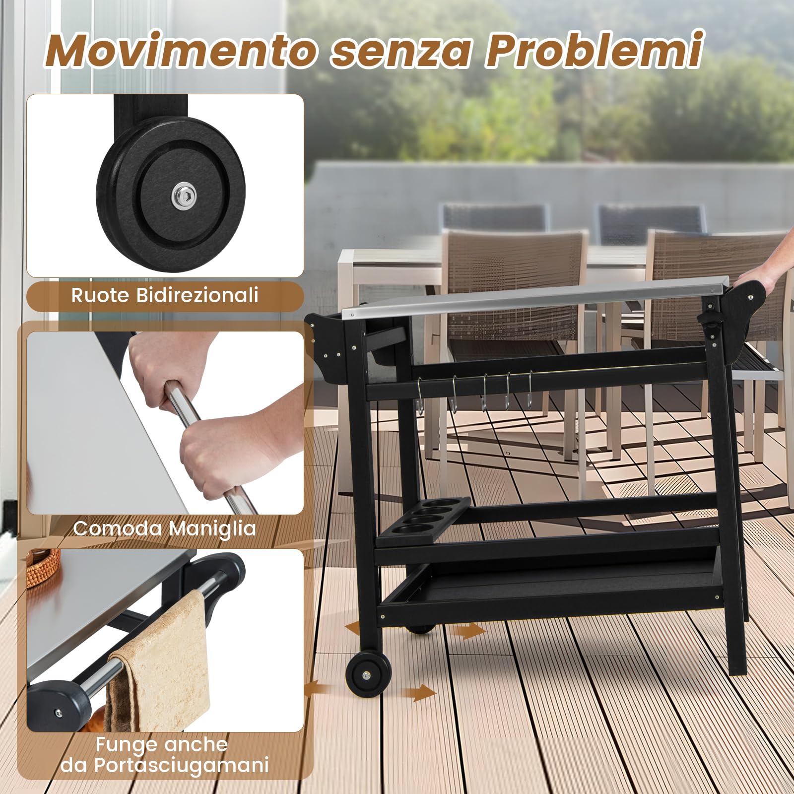 COSTWAY Carrello Barbecue da Esterno, Stand per Forno a Pizza con Piano in Acciaio Inox Vassoio e Portabottiglie, con Maniglia e Ruote per Cucina Giardino, Carico 150kg, 105x54x85 cm