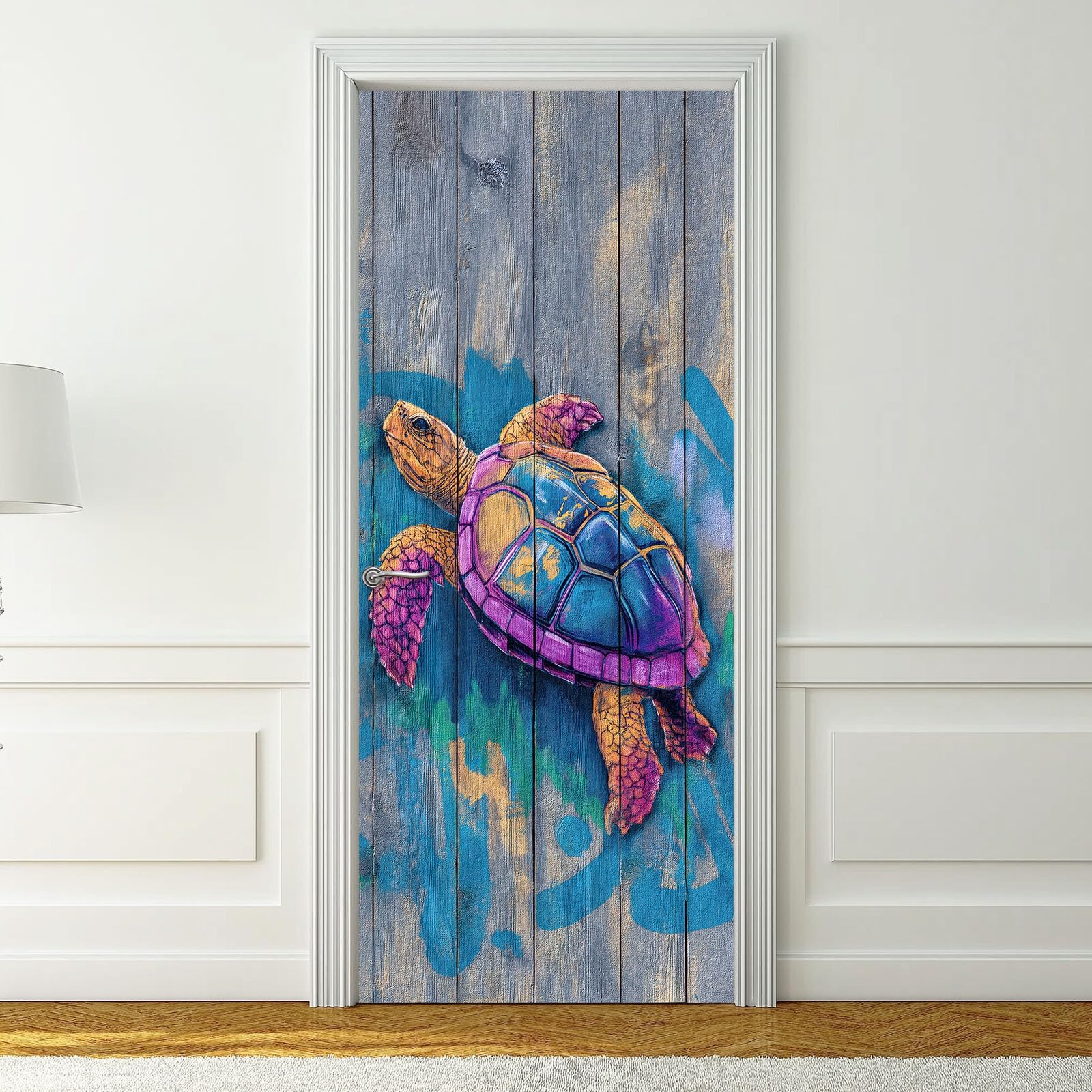 Sticker Porte 3D Animal 95 x 215 cm, Bleu Autocollants de Porte Peinture Graffiti Tortue Auto-adhésif Imperméable Amovible pour Décoration WC Chambre Entrée Placard Cuisine
