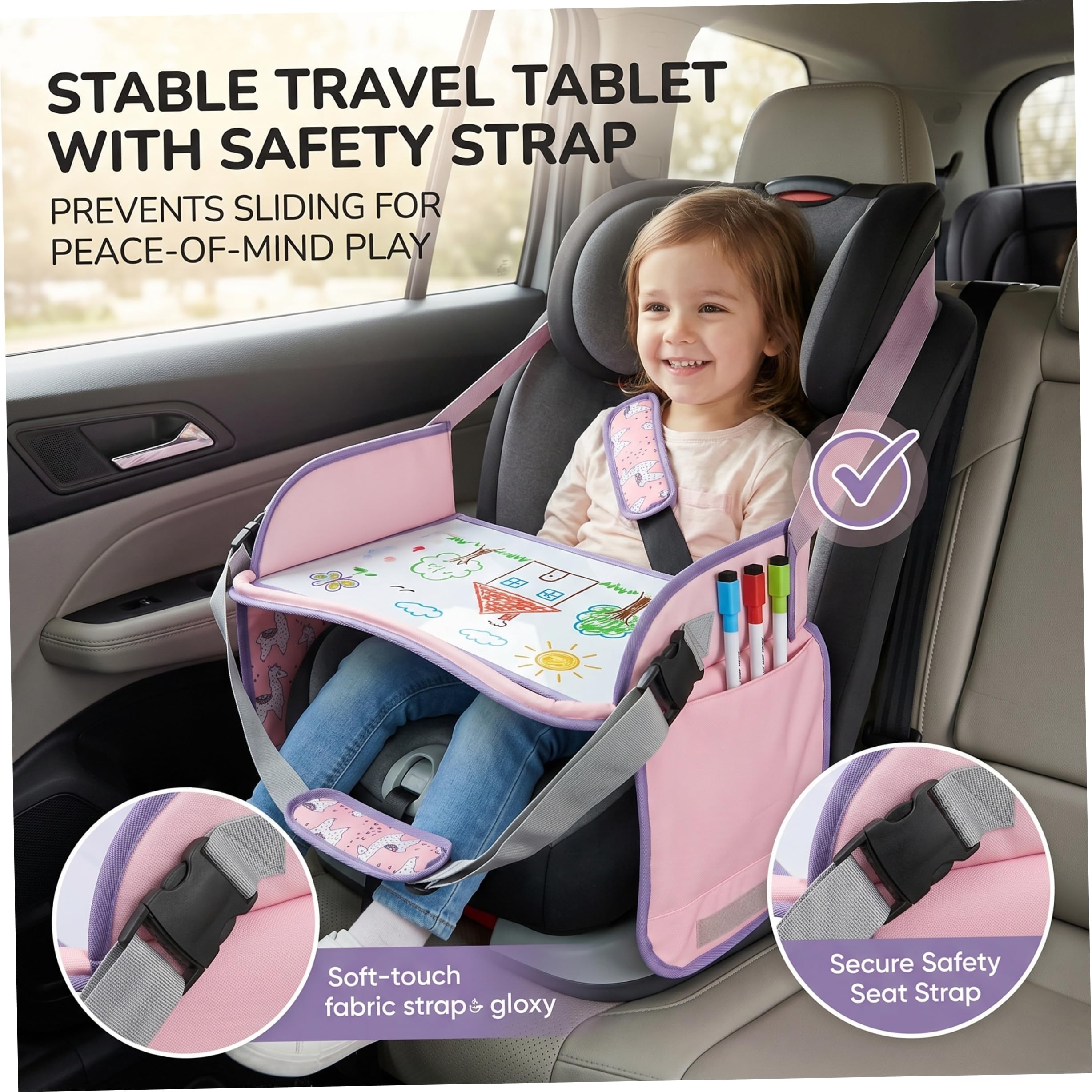 Vassoio da viaggio per seggiolino auto per bambini, vassoio da viaggio per bambini con cinghie di sicurezza e tasche portaoggetti, seggiolino auto per disegno e intrattenimento in movimento