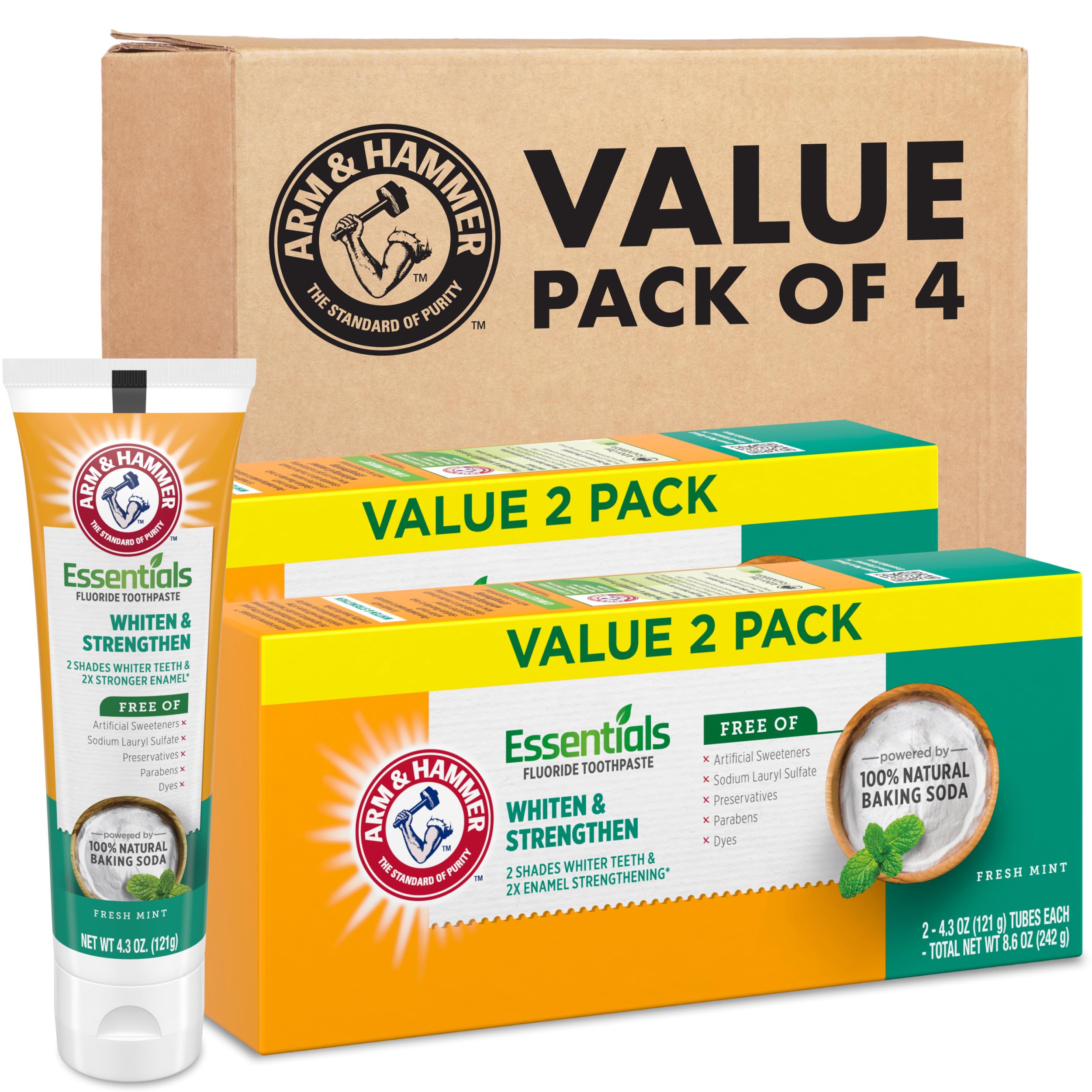ARM & HAMMER Essentials Whiten & Strengthen Fluoride Toothpaste-4 Pack of 4.3oz Tubes, Fresh Mint- 100% Natural Baking Soda- Fluoride Toothpaste