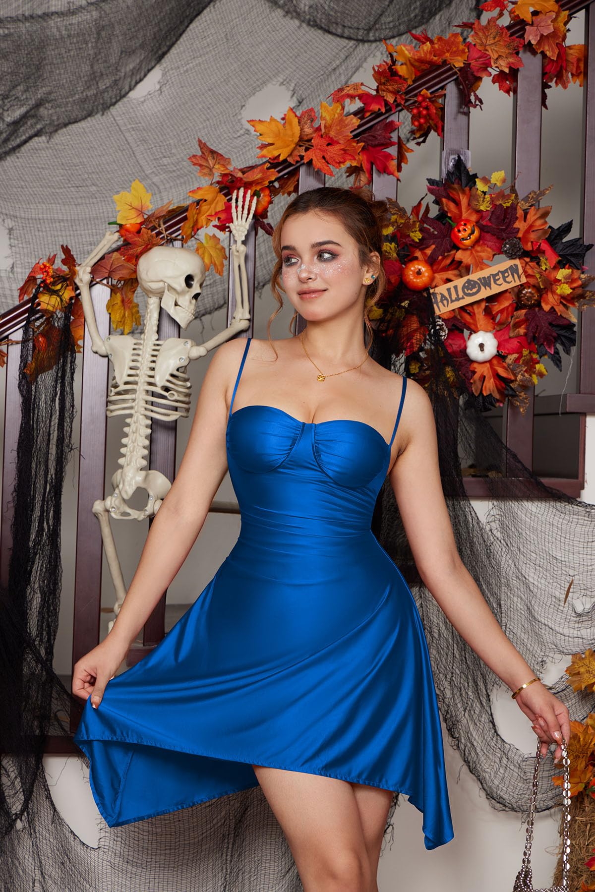 Memoriesea Vestido corto sin mangas con tirantes delgados, fruncido, sexy, para fiesta de discoteca