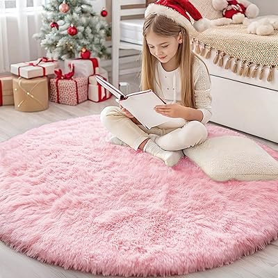 OLANLY Pink Round Rugs for Bedroom - Machine Washable, 7 ft Circle Area Rugs for Living Room, Soft and Fluffy Shaggy Carpet for Teen Girls and Boys, Nursery Rooms, Dorms, Home Decor Aesthetic