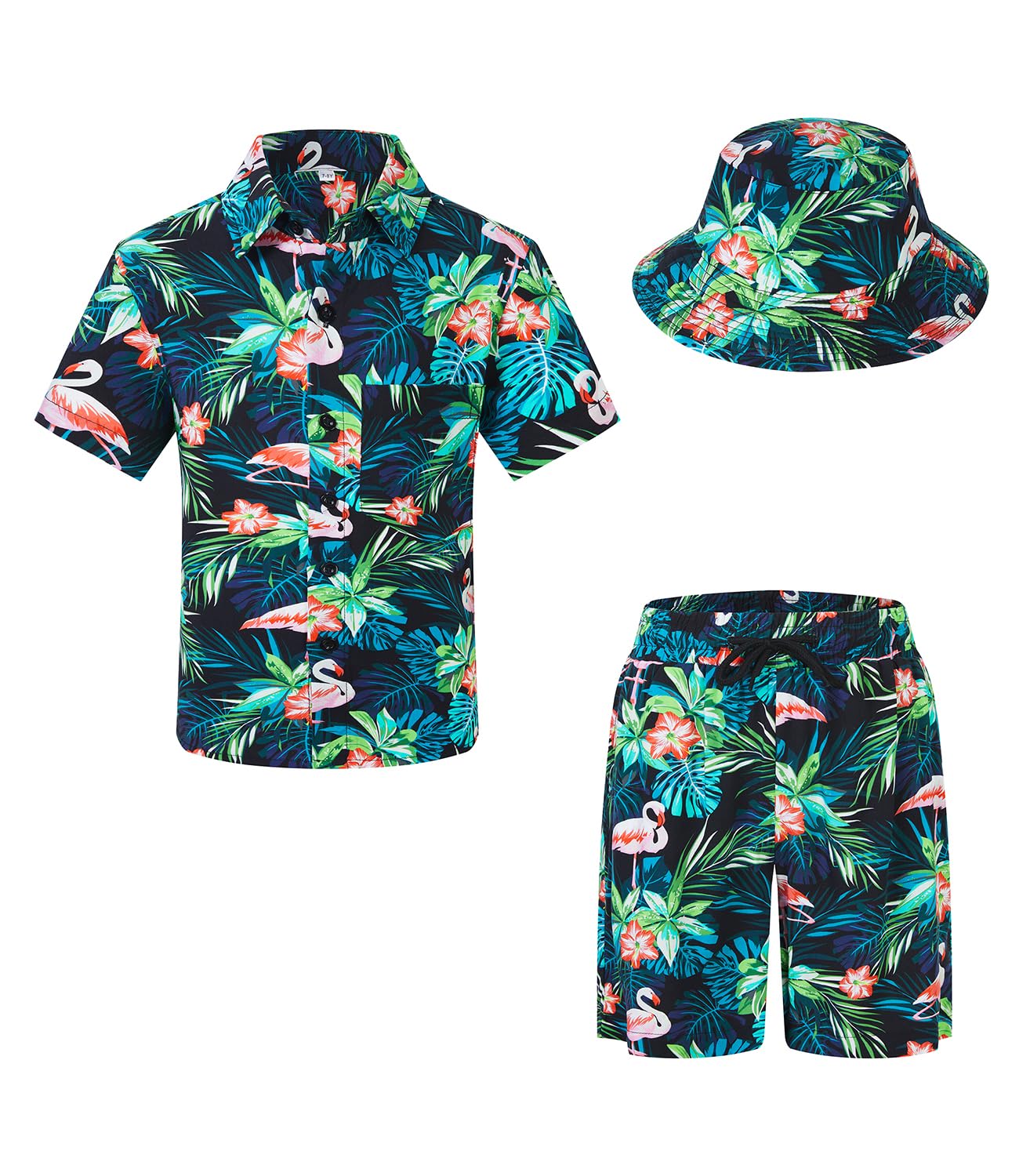 SPKPKEY Boys Hawaiian Matching Set Button Down Shirt Shorts and Bucket Hat for Tropical Summer Fun Ages 7-8