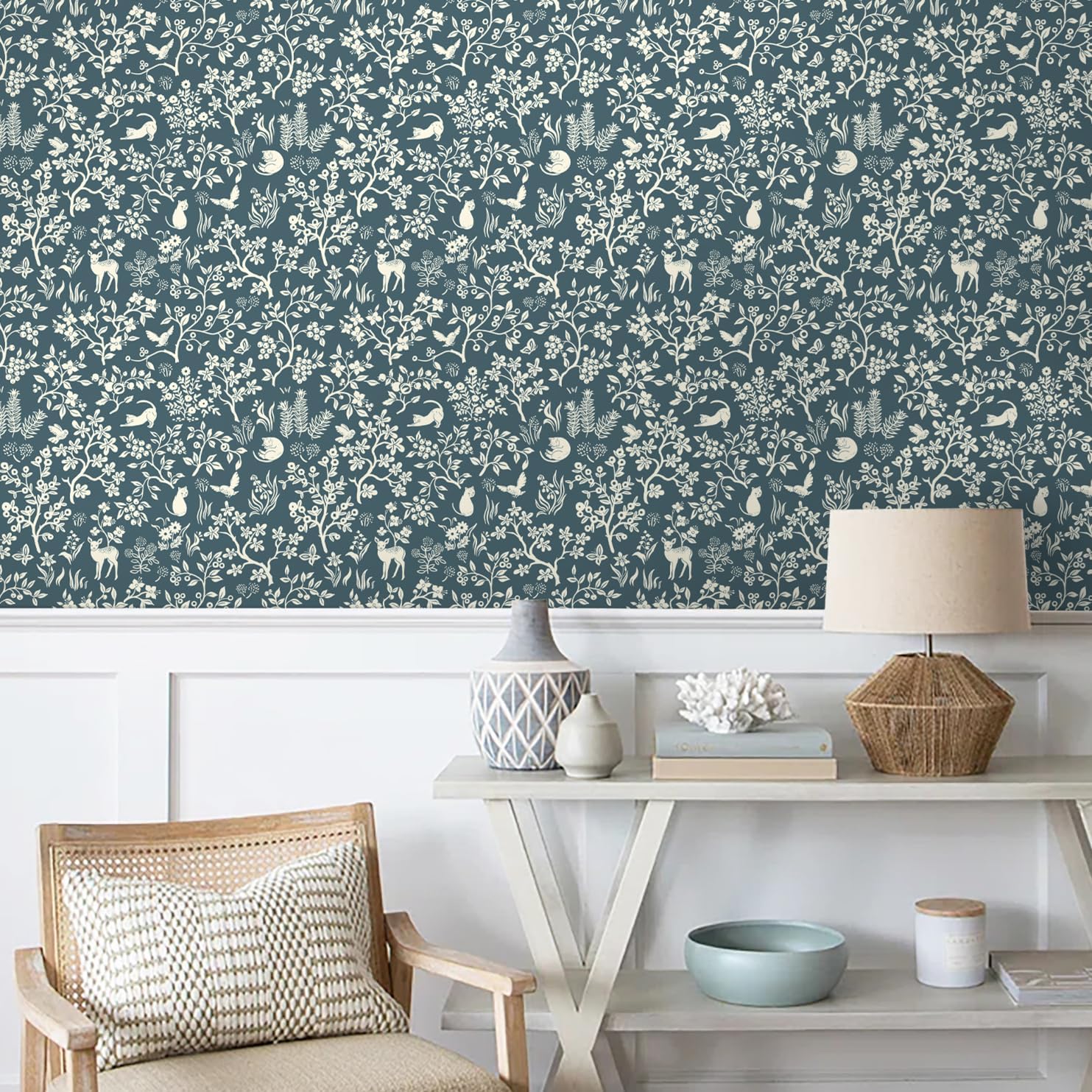 HeloHo Peel and Stick Wallpaper Dark Blue Floral Contact Paper Boho Self Adhesive Removable Wall Paper Cats/Birds/Trees Waterproof Decoration Wallpaper for Bedroom Cabinets 16.1" X 394"