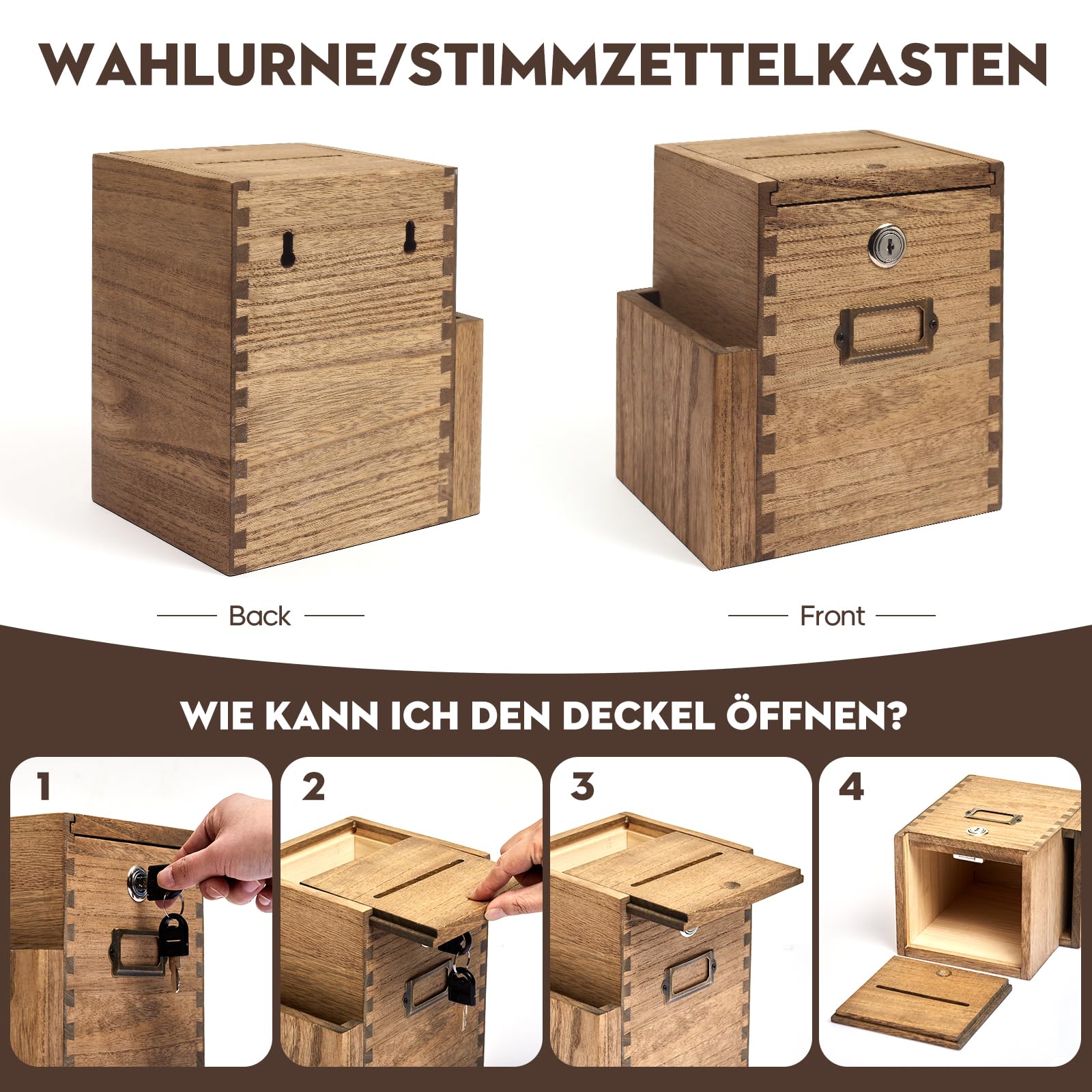 KIRIGEN Vorschlagsbox aus Paulownia-Holz mit Schloss, Wandmontage, Einwurfschlitz 10,5 x 0,5 cm, Dunkelbraun