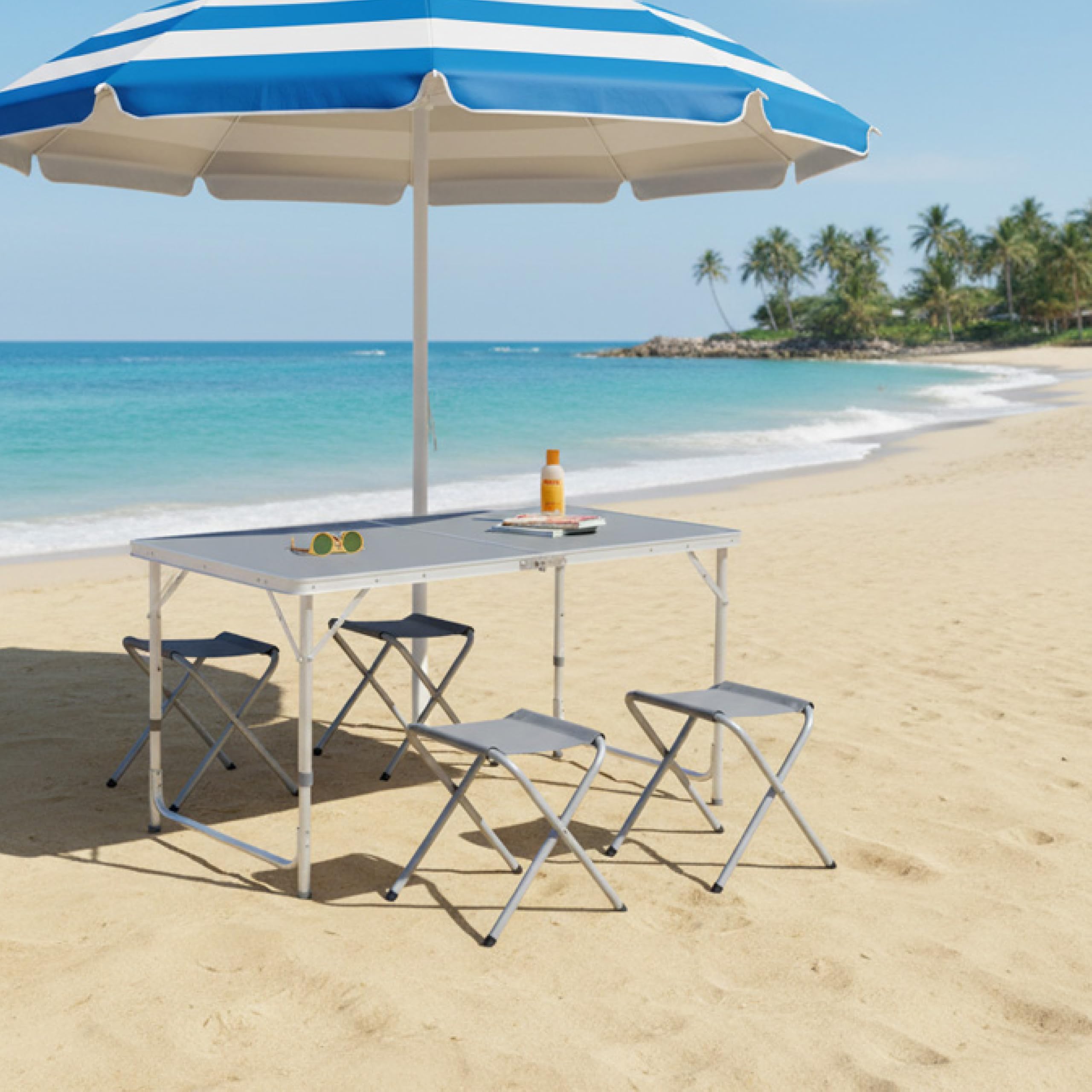 Baroni Home Tavolo Pieghevole da Campeggio con 4 Sedie Richiudibili, Tavolino Portatile in Alluminio con Piano in MDF, Leggero, Ideale per Campeggio, Spiaggia, Picnic e Outdoor, Tavolo Grigio 120 cm