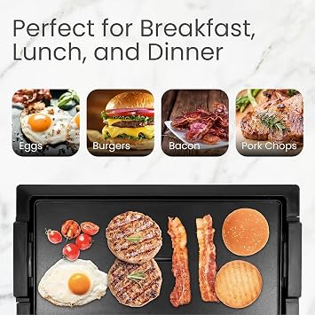 Electric Smokeless Indoor Griddle, Flat Top Grill, 1800W Fast Heat Up BBQ Grill, Large Nonstick Cooking Plate, 5 Levels Adjustable Temperature, Detachable & Dishwasher Safe, Cool-touch Handles, Black