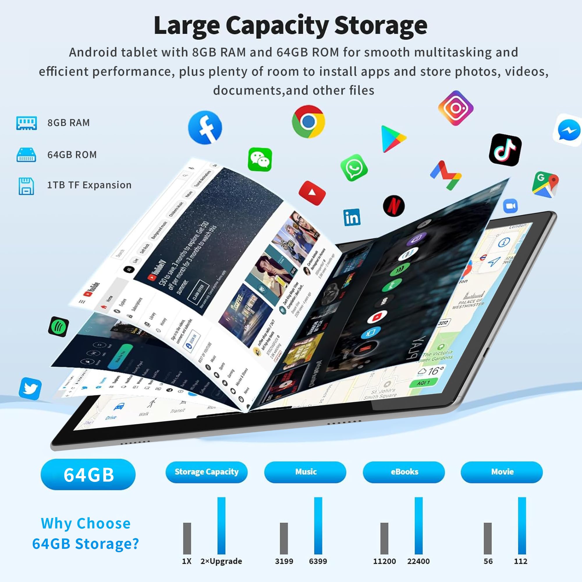 Tablet 10 Pollici Android Tablet 8GB RAM + 64GB ROM Quad-Core 5000mAh 1280x800 HD Touch Screen 5MP + 8MP HD Camera Bluetooth Tablet PC (Grigio) (8+64GB)