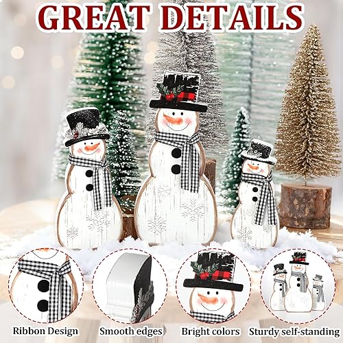 Miniatura 3 de COCHIE Decoración navideña de muñeco de nieve para interiores, lindo juego de 3 bandejas escalonadas de invierno, bloques de muñeco de nieve de