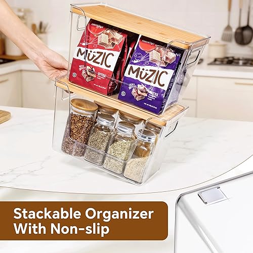 Miniatura 8 de Criusia Juego de 2 organizadores de despensa y almacenamiento con tapas de bambú, contenedores transparentes apilables para cebolla, papa, frutas,