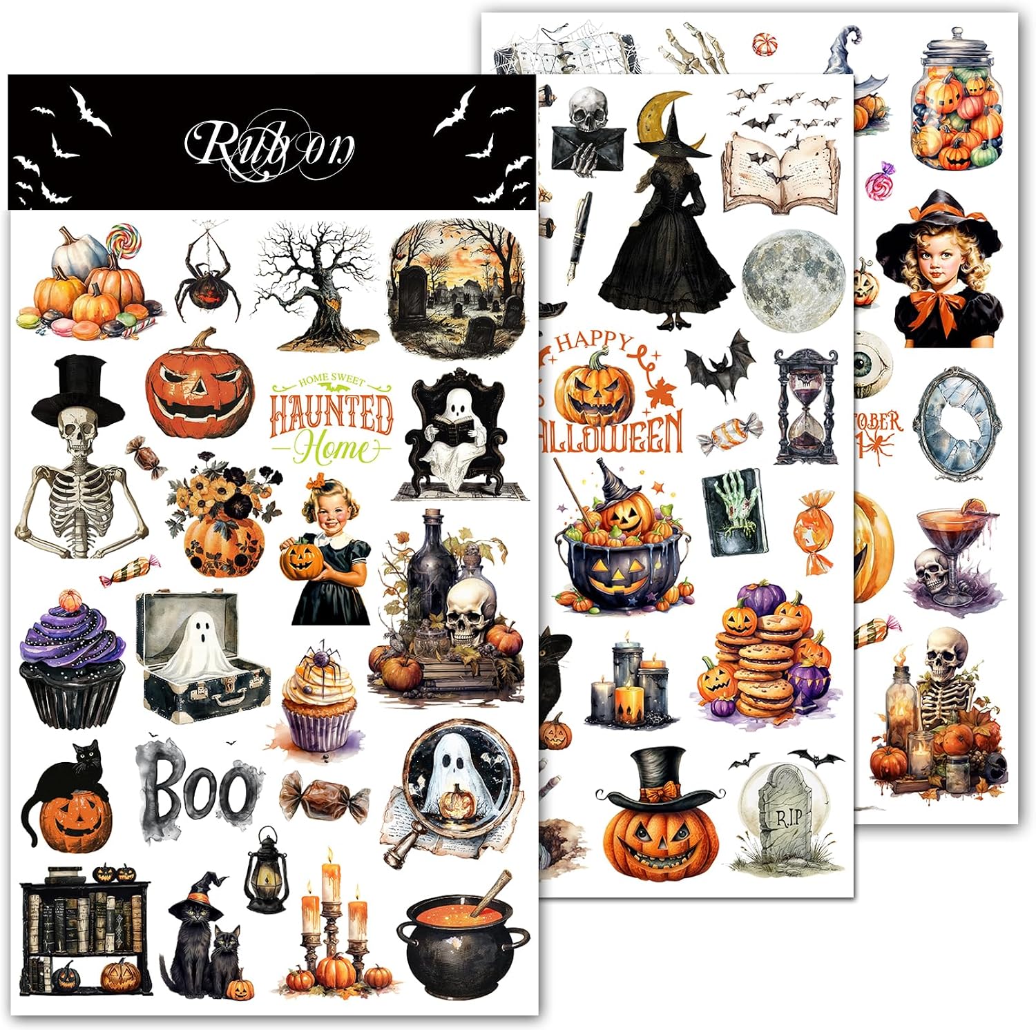 CATaireen Rub on Transfers for Crafts Vintage Scrapbooking Stickers Small Decals Adults Journaling DIY Supplies Use for Fabric Paper Wood Stone Canvas Acrylic Cloth (Halloween)