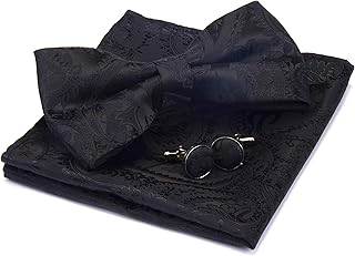 GUSLESON Paisley Adjustable Pre-tied Bow Tie and Pocket Square Cufflink Set with Gift Box