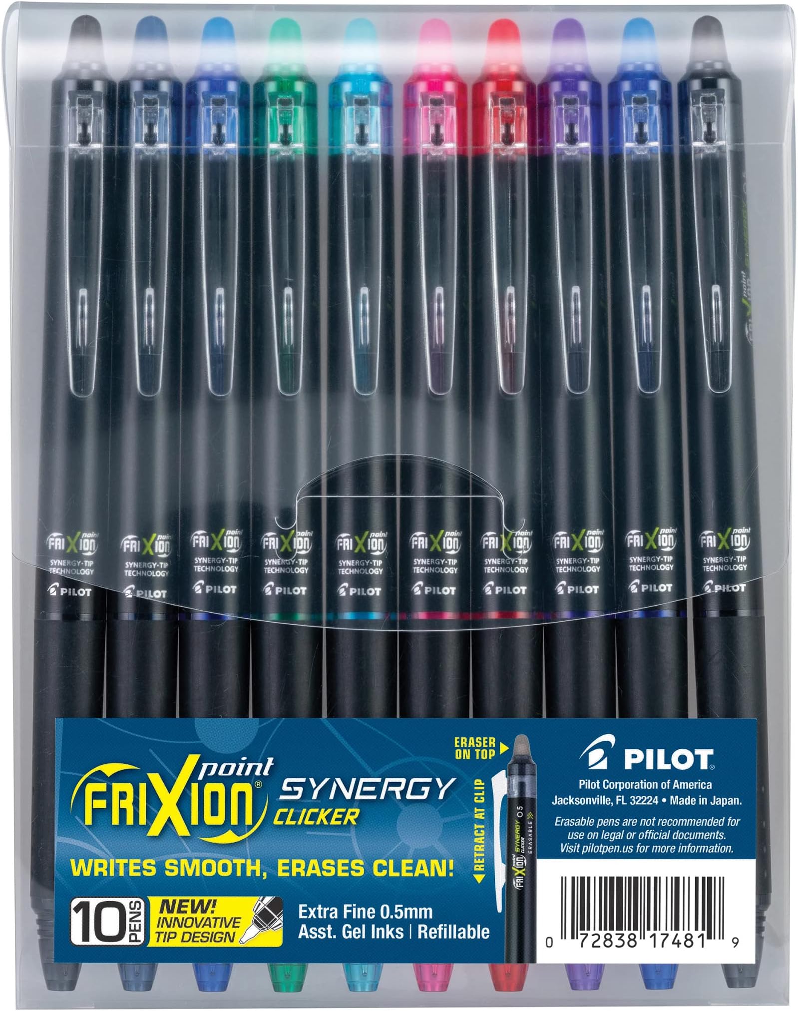 FriXion Synergy Clicker Erasable, Refillable, Retractable Gel Ink Pens, Extra Fine Point 0.5 mm, Pack of 10, Assorted Colors