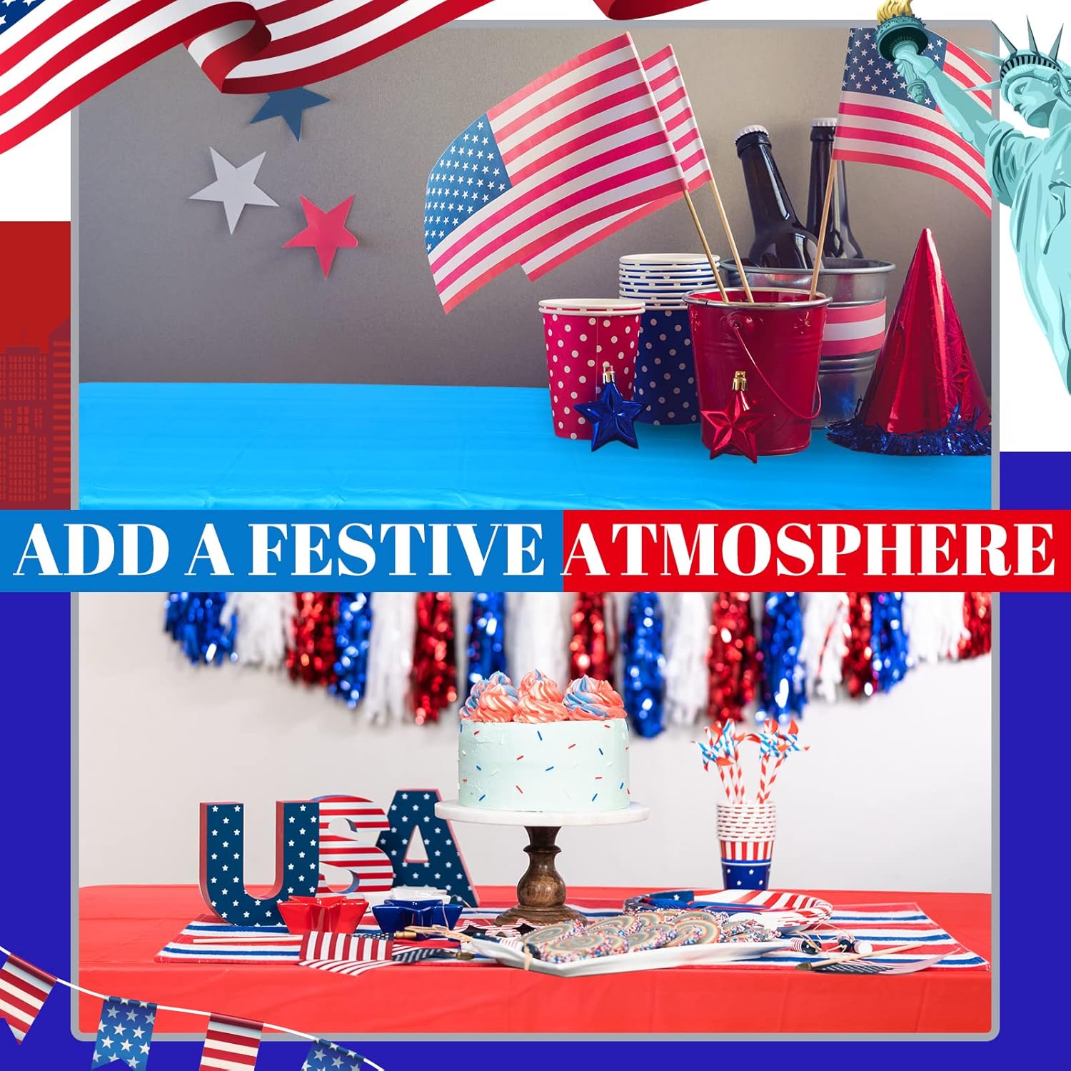 Tudomro 30 Pcs 4th of July Tablecloths Disposable 54 x 108 Inch Patriot Day Plastic Table Covers Red White and Blue Decorations for Patriotic Party Supplies Independence Day Decorations