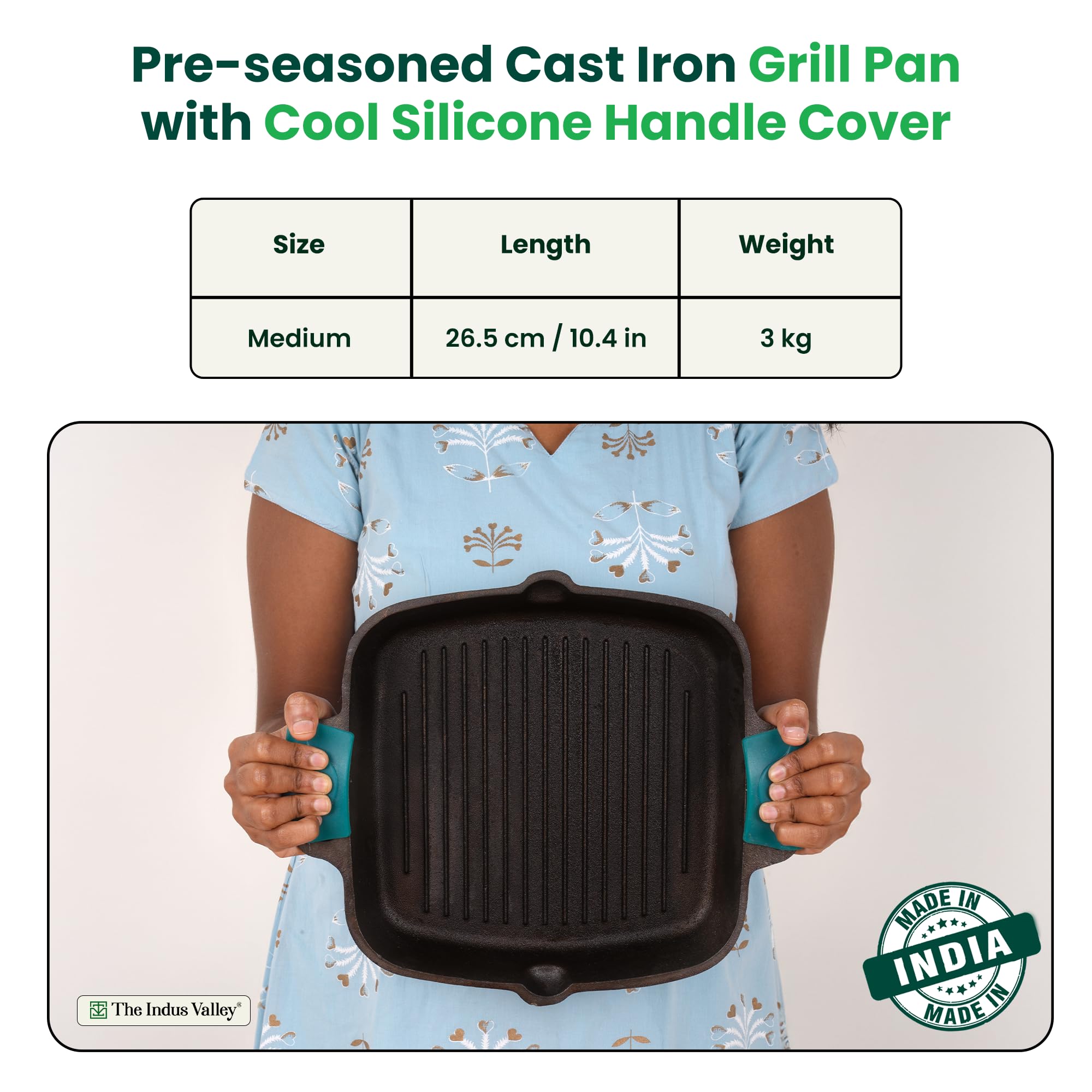 The Indus Valley Pre-Seasoned Cast Iron Square Griddle Pan with Double Handle|Medium, 27.2 Cm/10.7 Inch, 4.1Kg|Gas Compatible|100% Pure & Toxin-Free, No Chemical Coating, Black