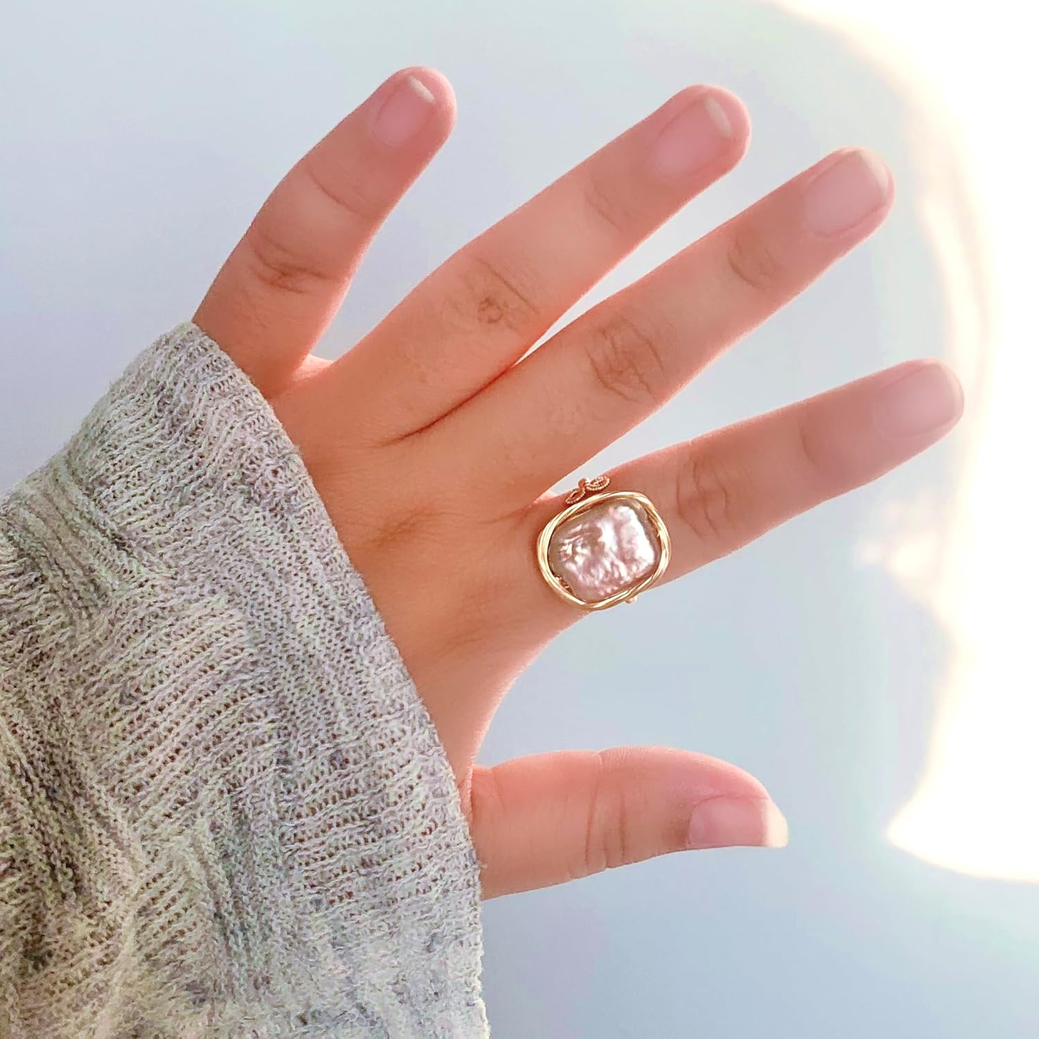 Handcrafted Natural Baroque Pearl Ring Winding Design Opening Adjustable 14k Gold Plated Material,Purple - Image 5