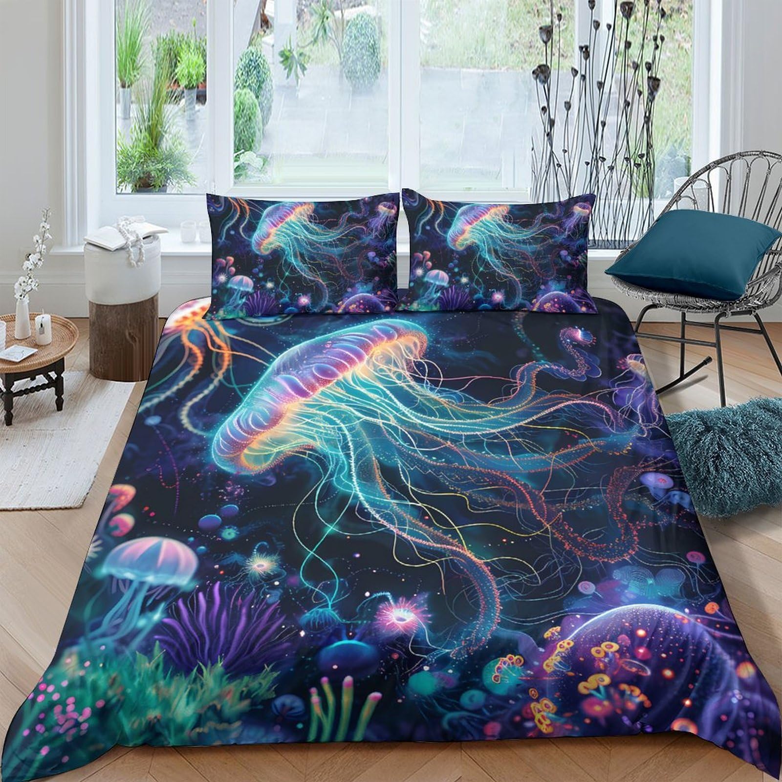 GPLZQXKJNH 3D Printed Jellyfish Ocean Duvet Cover Microfiber Soft Breathable Coral Reef Bedding Set with 2 Pillowcases for Bedroom Decor Single（135x200cm）