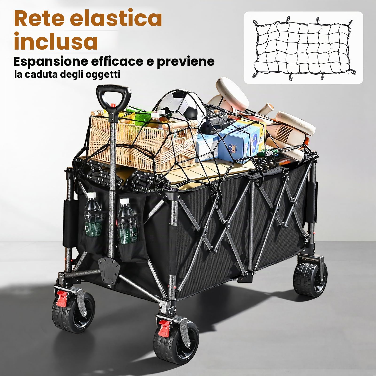 YEAUPE PRO Carrello Spiaggia Pieghevole con Ruote Portatutto, Grande Capacità, Doppi Freni, Doppia Forcella Rinforzata, Ruote Grandi, Manico Regolabile, Rete Elastica Inclusa, 250kg/255L, Nero
