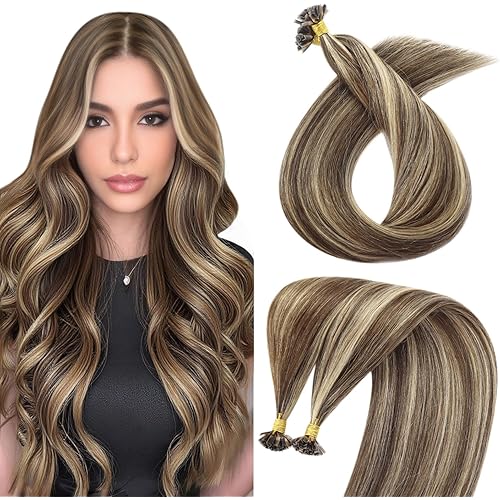 Sunny Hair Ktips Hair Extensions Human Hair Natural Blends K Tip Hair Extensions Real Human Hair Medium Brown Highlight Caramel Blonde Remy Hair Show Charm 50g