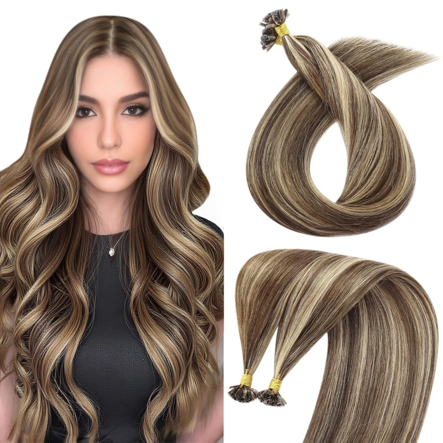 Sunny Hair Ktips Hair Extensions Human Hair Natural Blends K Tip Hair Extensions Real Human Hair Medium Brown Highlight Caramel Blonde Remy Hair Show Charm 50g