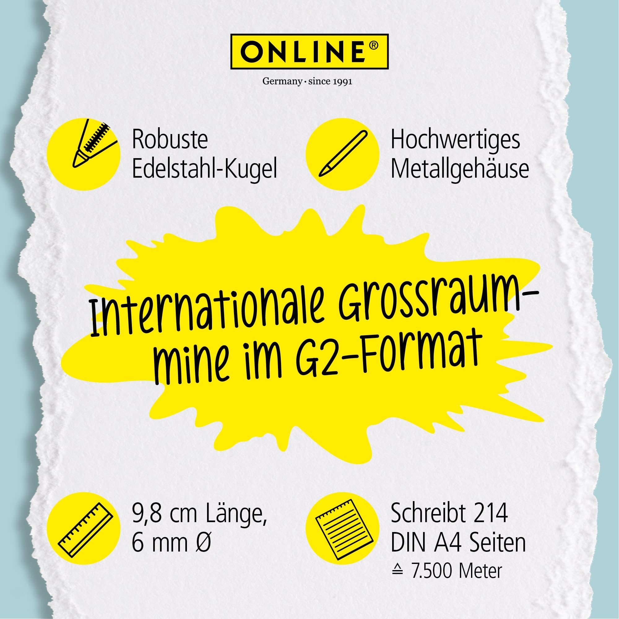 Wkłady zapasowe do długopisów Online, międzynarodowe standardowe, duże wkłady, grubość kreski M (średnia), odporne na działanie wody, 1 sztuka, wkład do długopisu (niebieski), ISO 12757-2 G2