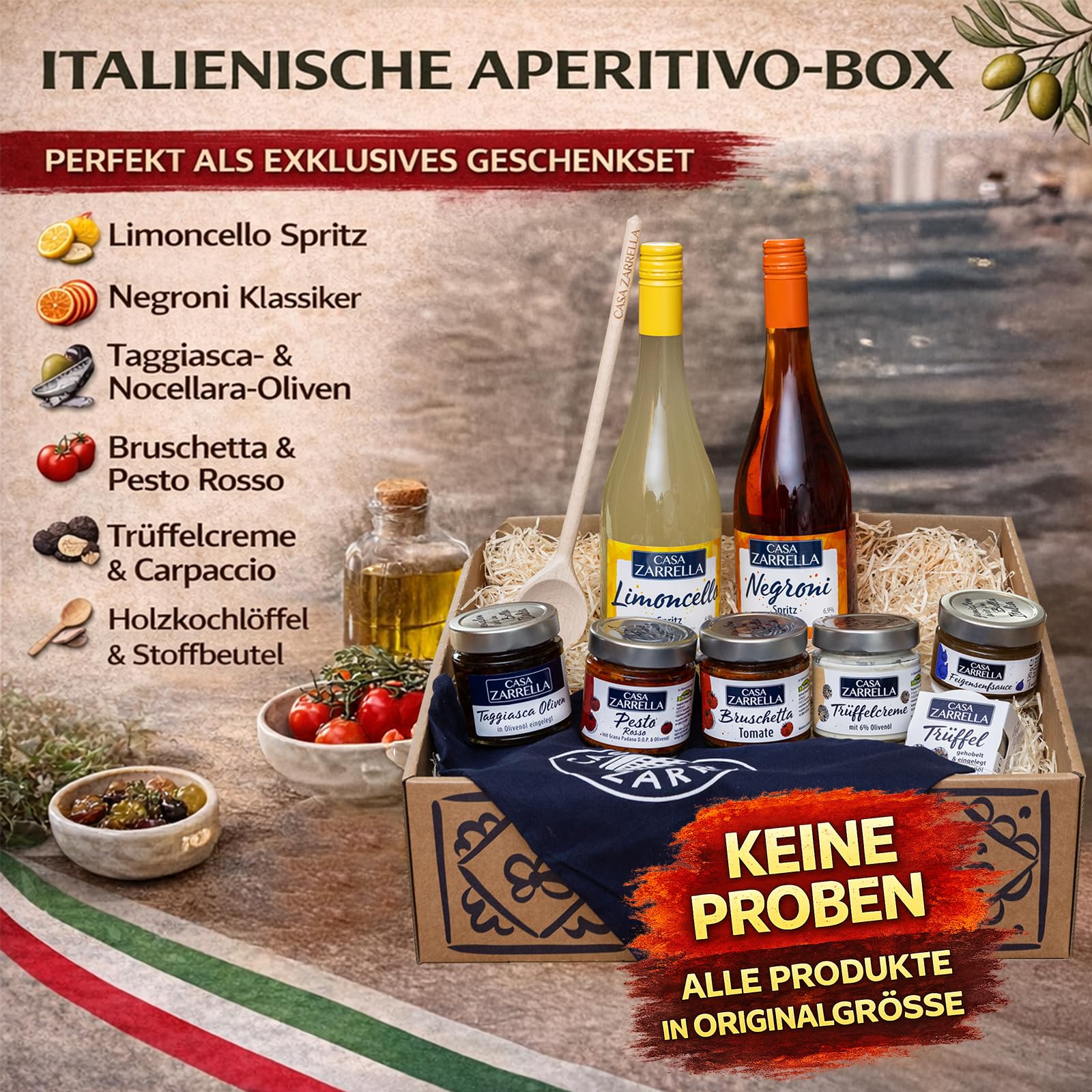 Casa Zarrella Romantik-Box für Genießer mit Alkohol – Romantische Antipasti Geschenkbox mit 6 italienischen Spezialitäten & 2 Aperitif-Drinks