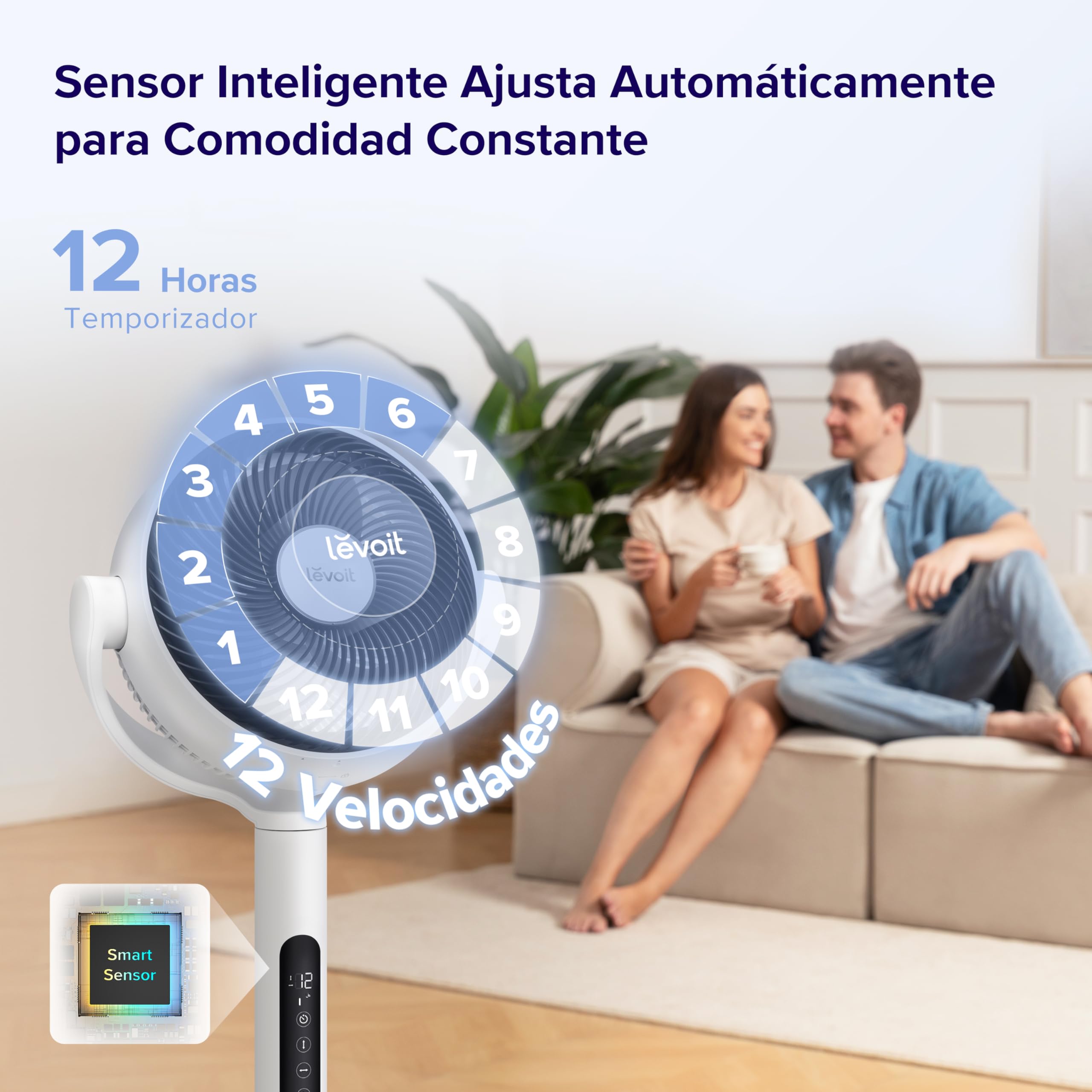 LEVOIT 20dB Ventilador de Pie Silencioso con Mando, Motor DC, 30W Circulador Ventilador Bajo Consumo, 4 Modo y 12 Velocidades a 2465m³/h, 30M de Viento, Temporizador 12h, Oscilación de 90°+120°