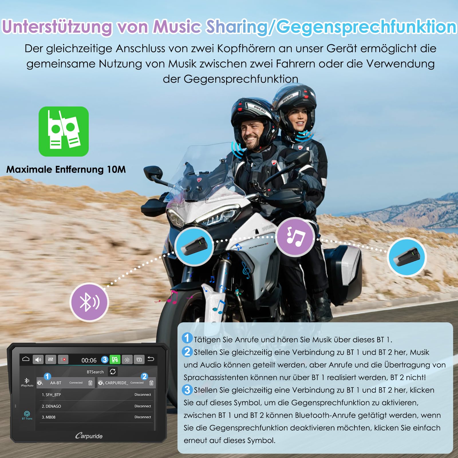 W702S Pro Motorrad Carplay Bildschirm mit BM05 Halterung für Plug-and-Play, Kabellos CarPlay & Android Auto, 7" Wasserfest Touchscreen, Intercom-Funktion, Dual Bluetooth, Verdrahtet Controller, Navi.