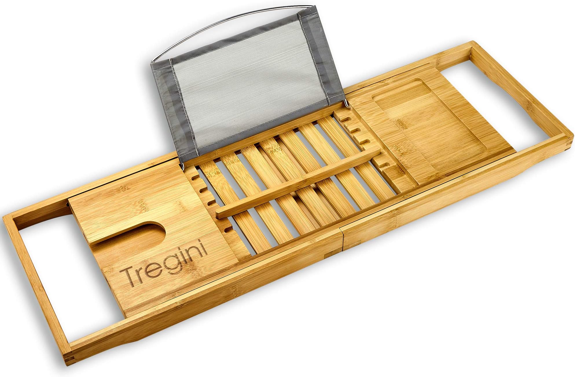 Luxury Bathtub Tray Caddy - Adjustable Bamboo Wood Bath Caddy with Extendable Book, iPad or Kindle Reading Rack - Wine Glass Holder - Cellphone or Tablet Slot