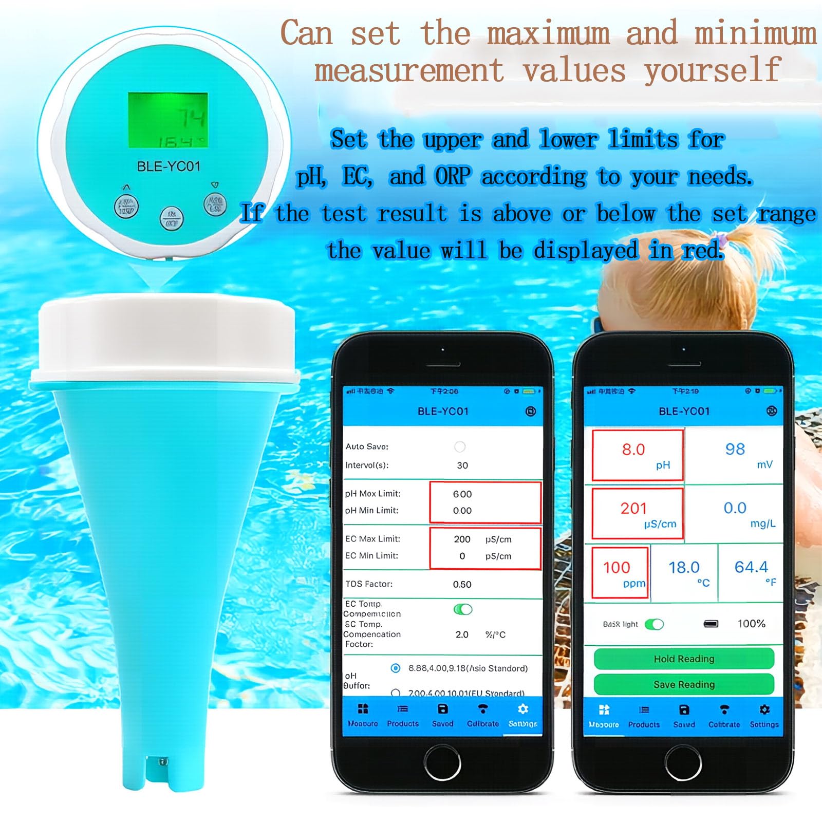Tester dell'Acqua Intelligente 6 in 1, Kit Bluetooth per Il Test dell'Acqua Domestica con Monitoraggio App, Temperatura PH EC TDS ORP CL, per Acqua Potabile, Pozzo, Città, Piscina, Acquario